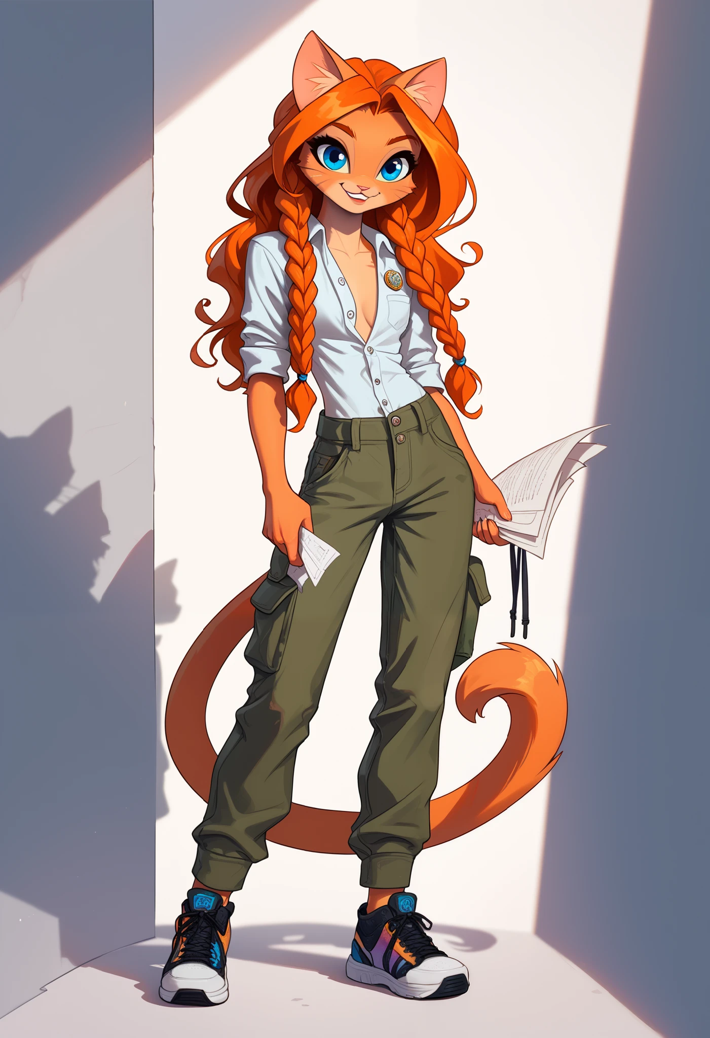 skinny furry cat girl, long orange hair, long hair with 2 braids, blue eyes, orange fur, wearing sneakers with untied laces, wearing button up shirt, wearing unzipped cargo pants, holding a stack of papers, smiling, a badge on her shirt, the badge has the word "INTERN" on it, in an office, sour expression, very detailed