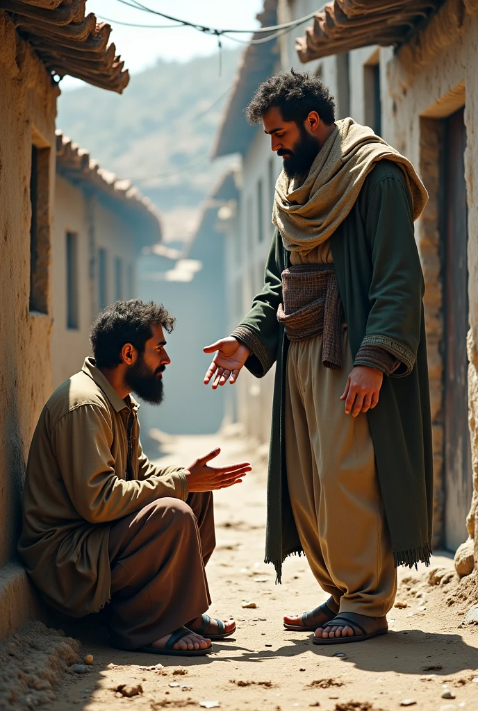 A rich man offers his help to a poor man. The poor man is sitting on ...