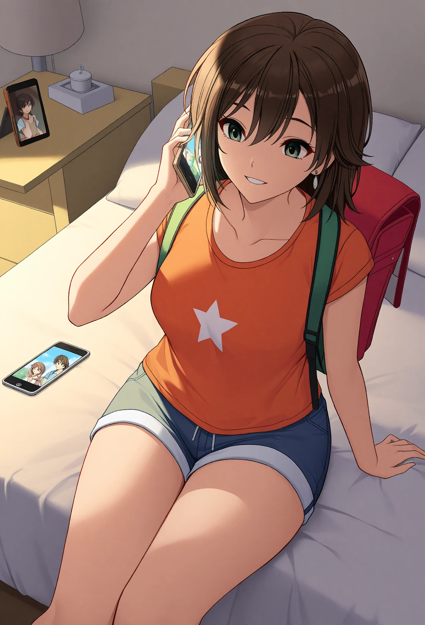 an angel woman sitting on a couch with a smartphone, chubby mommy anime girl, top rated on pixiv, at pixiv, thicc, plump, voluptuous, pixiv, popular on pixiv, wide angel, pixiv, with a smartphone, 4k digital art, chocolate brown hair, small angel wings, angel halo, heaving breasts, long sleeves, teal pajamas, long teal gown, thick long hair, gold eyes