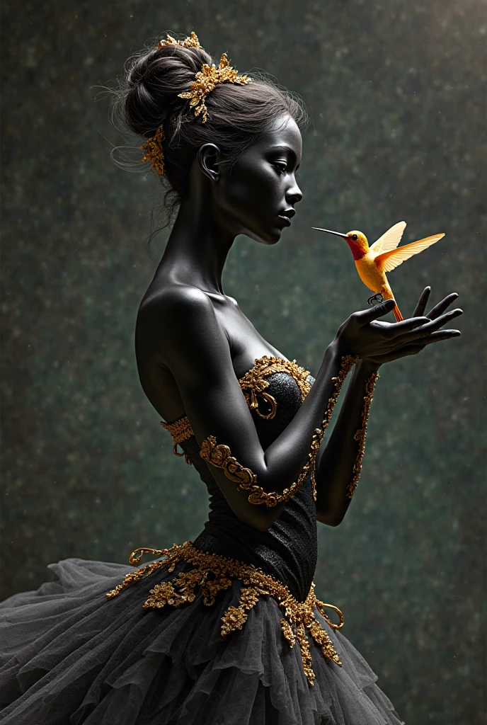 Black and white silhouette painting of a black woman on body wearing a fashion hat. A butterfly rest in her hand
