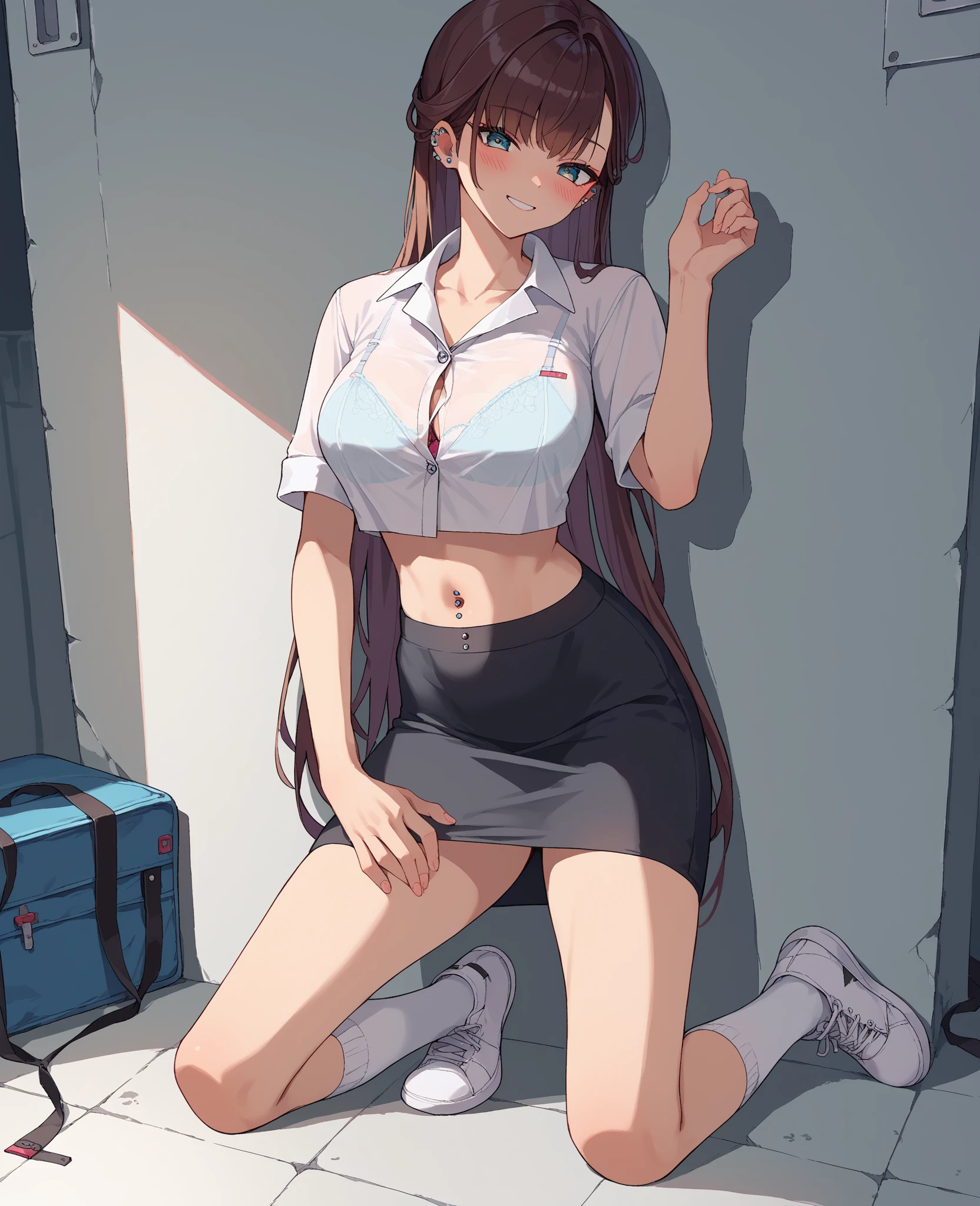(throw_hand, pink vibrator remote switch in throw_hand, throw:1.2), highest quality, Super detailed, masterpiece, Ultra-high resolution, 8k, Ridiculous, Cowboy Shooting, Blurred, One girl, Focus on the girl, Embarrassing, blush, Lovely, Close one eye, With tears in her eyes and her mouth open, What saliva leaves behind, Wet skirt hem, (Sticky panties:1.1), Bulging of the vibrator cord, Vibrator with Garters, (cleavage), Classroom Background, (Tifa Lockhart:1.2), The skirt is accidentally exposed,(medium breasts), Accidentally exposed panties