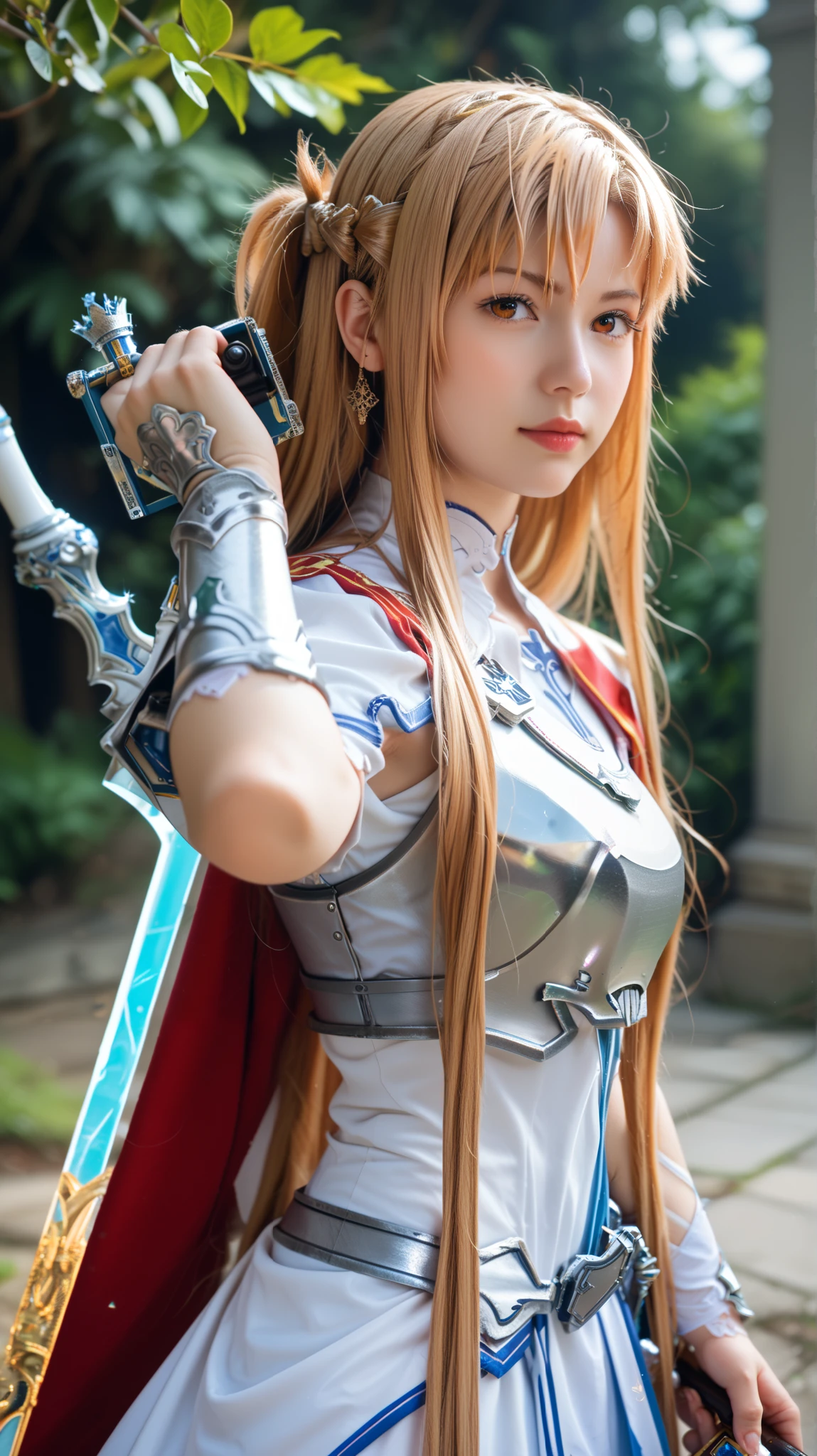 realistic, photografy, cinematic, asuna, masterpiece, highres, asuna \(sao\), crown braid, light orange hair, armor, ((holding weapon))