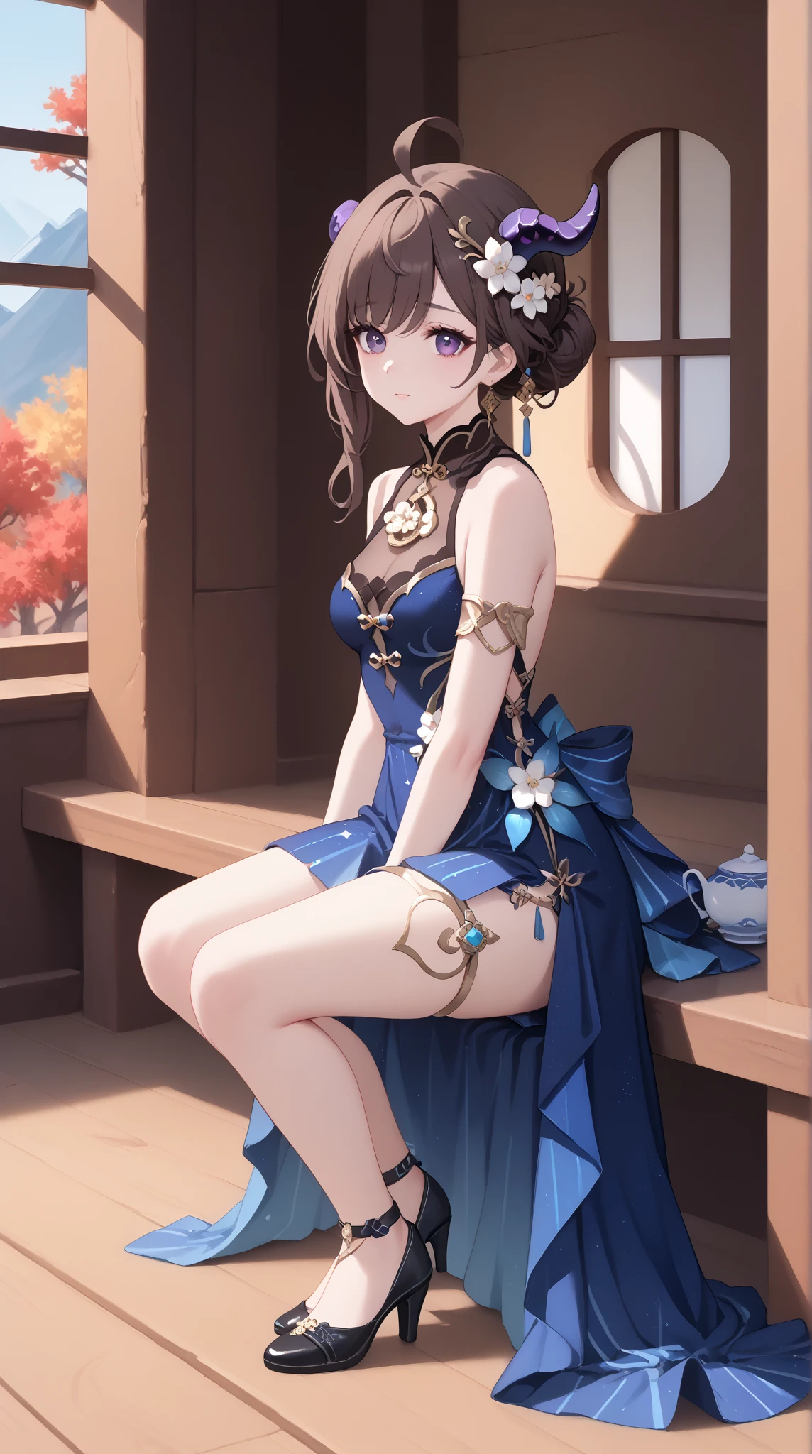 long hair, black hair, medium breast, slim legs, happy, light blue gown, cleavage, arabian belly dancer , skirt, rin tohsaka, twin tail, navel, garden, night, blue eyes, tiara, sitting, thigh high socks