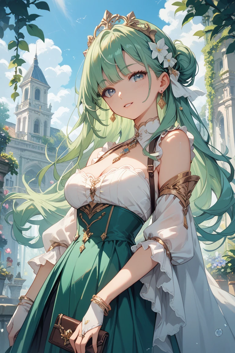 masterpiece, best quality, ultra-detailed, illustration, epic lighting, cinematic composition, 1girl, ceres_fauna, medium breasts, green hair, braid, braided bangs, yellow eyes, cleavage, single braid, antlers, jewelry, anklet, hair flower, multicolored hair, long hair, hair ornament, green flower, streaked hair, earrings, white thighhighs, bow, wide sleeves, leaf, blue dress, horns, cowboy shot, looking at viewer, outdoors, nature, simple background, (8k:1.1)