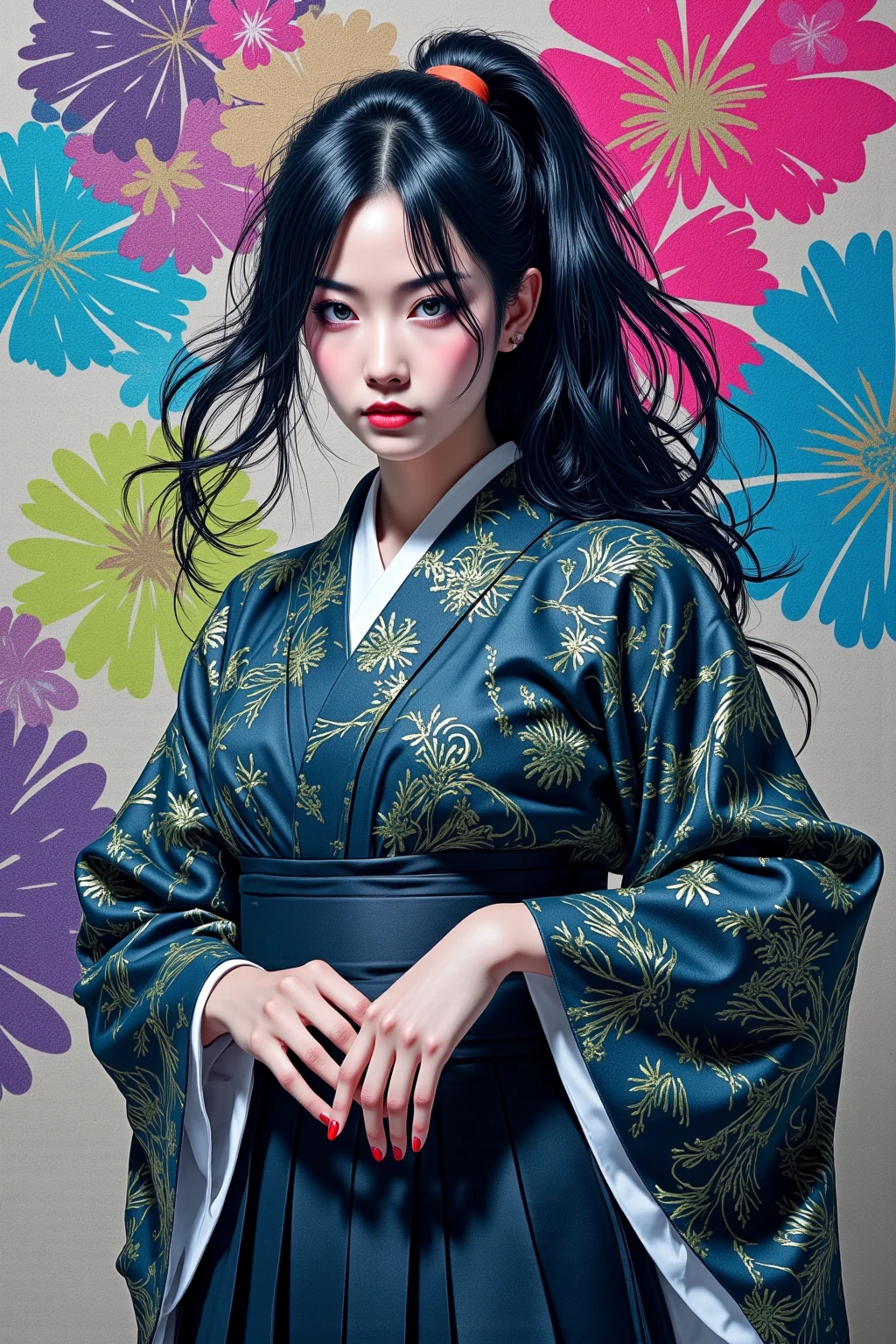 Woman in a Hakama 、Glowing black eyes、Black hair gathered together、Long Wavy Hair、full body。blue grey inkで描かれたリアルなポップアート、blue grey ink、 Line Art、Extremely detailed illustrations 、Painting or Digital Art。projected colorful shadows、correct projection of colorful shadows、 minimalism、 oriental、top quality、high definition、masterpiece:1.4、16k