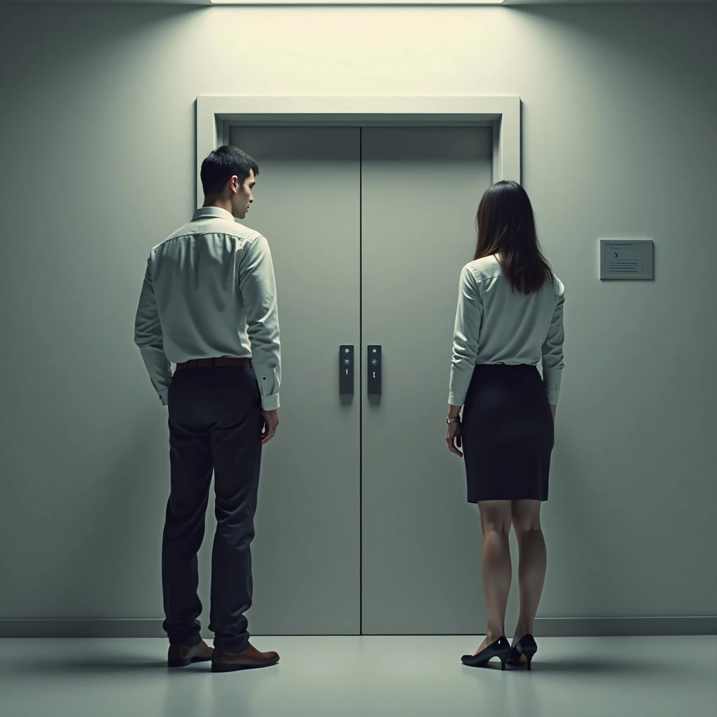 Two people in an elevator