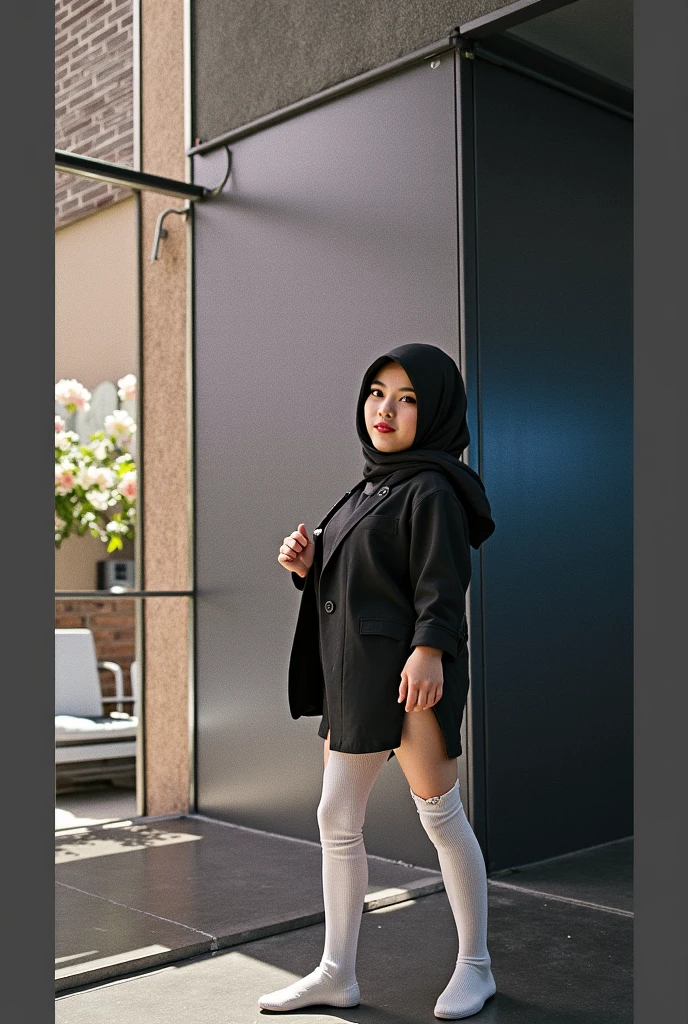 (pp clothes), (realistic), A hijab girl sees the ghost and peed herself, standing position, peeing herself on to skirt, peeing:1.3, urination:1.3, pee stain:1.2, pee puddle:1.1, view to viewer