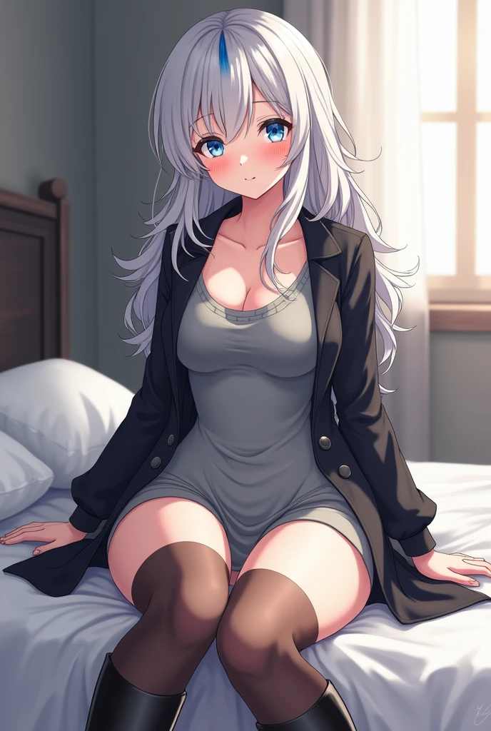 White room,A young girl in a black tights,sit on a bed,M leg shape,cat ear,high qulity,,Elaborate Eyes