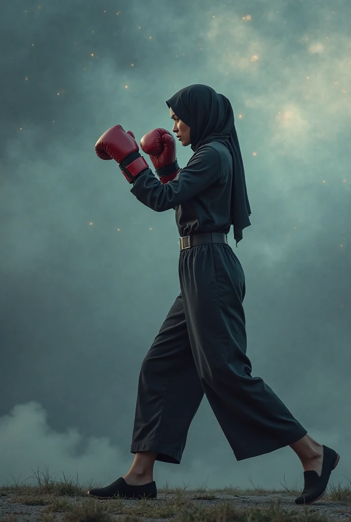A Muslim gym fitness girl in fully covered clothes black theme doing exercises