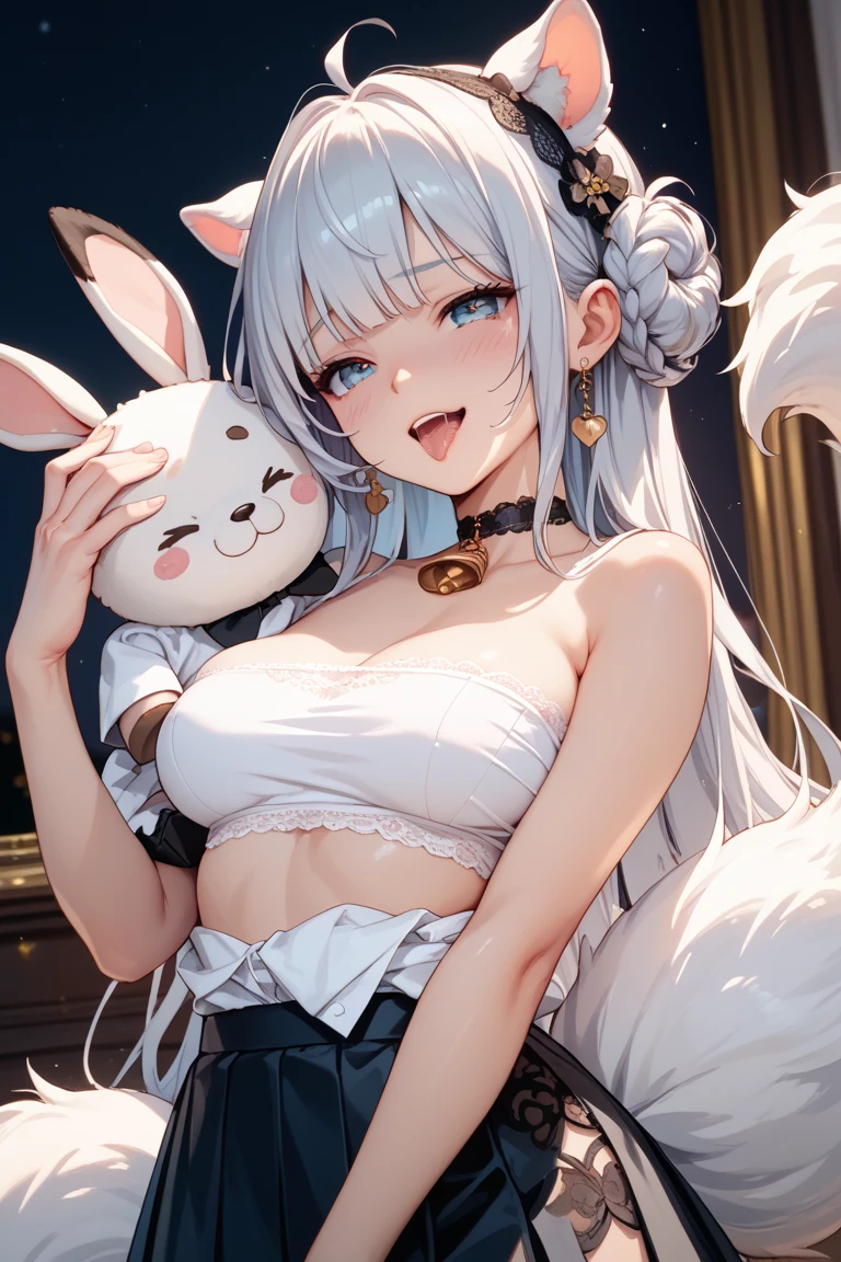 1 girl, one, (Masterpiece:1.3), (A high resolution), (8K), (extremely detailed), (4k), (pixiv), perfect face, Beautiful eyes and face, (Best quality), (super detailed), detailed face and eyes, (only), textured leather, absurdities, High resolutions, OT_Schmidt_No_treats_style, OT_Schmidt_No_treats_style, two tails, very long hair, silver hair, pointed ears, once, white cape, Green eyes, black tights, earrings, White skirt, belt, white sleeves, POV, Sonceie, world, They are smiling, rayos de world, world del sol, Mariposa, grass, stone street, , nude titalf n