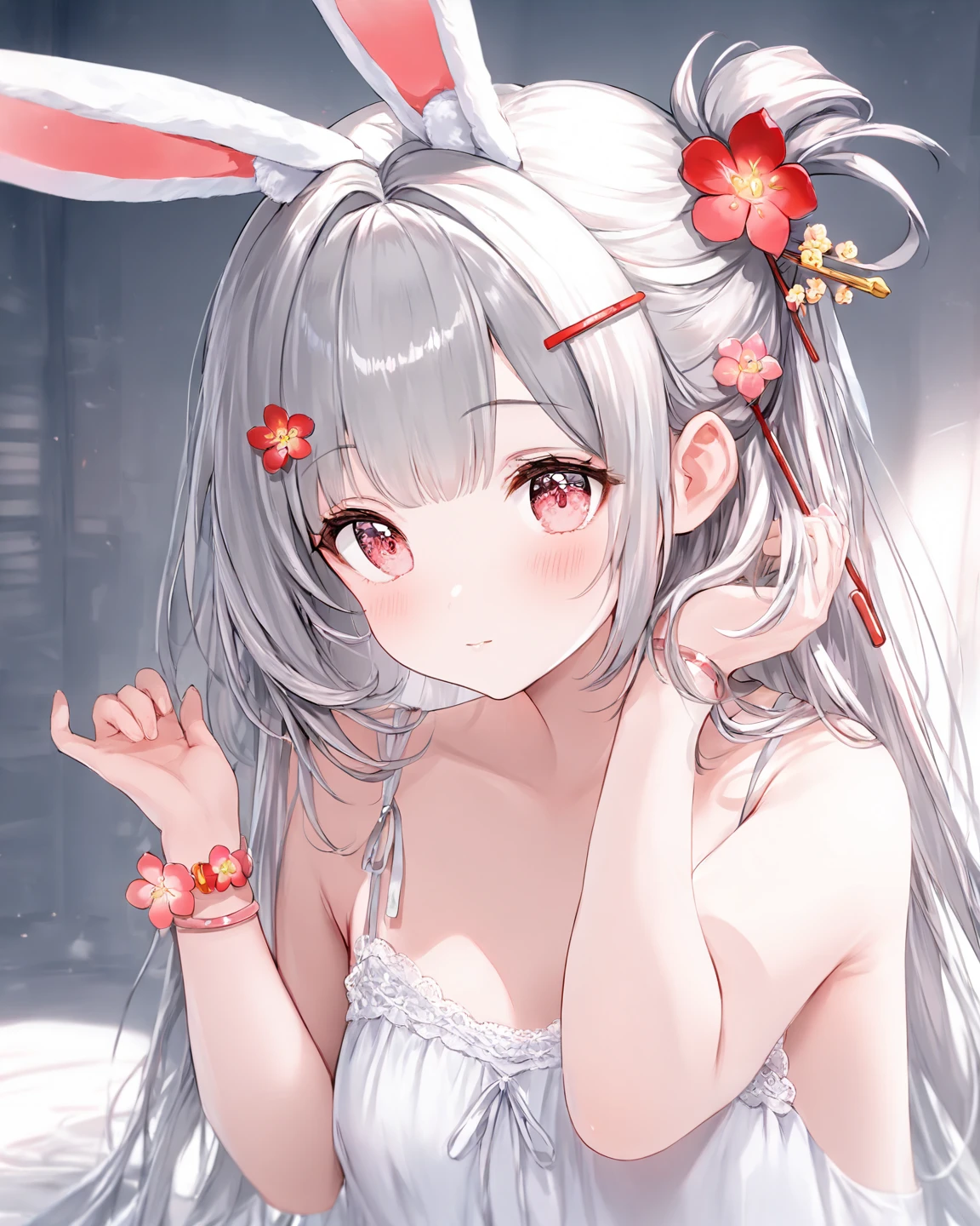 Cheerful bunny girl, see-through attire, white bunny, caring smile, reverse bunny