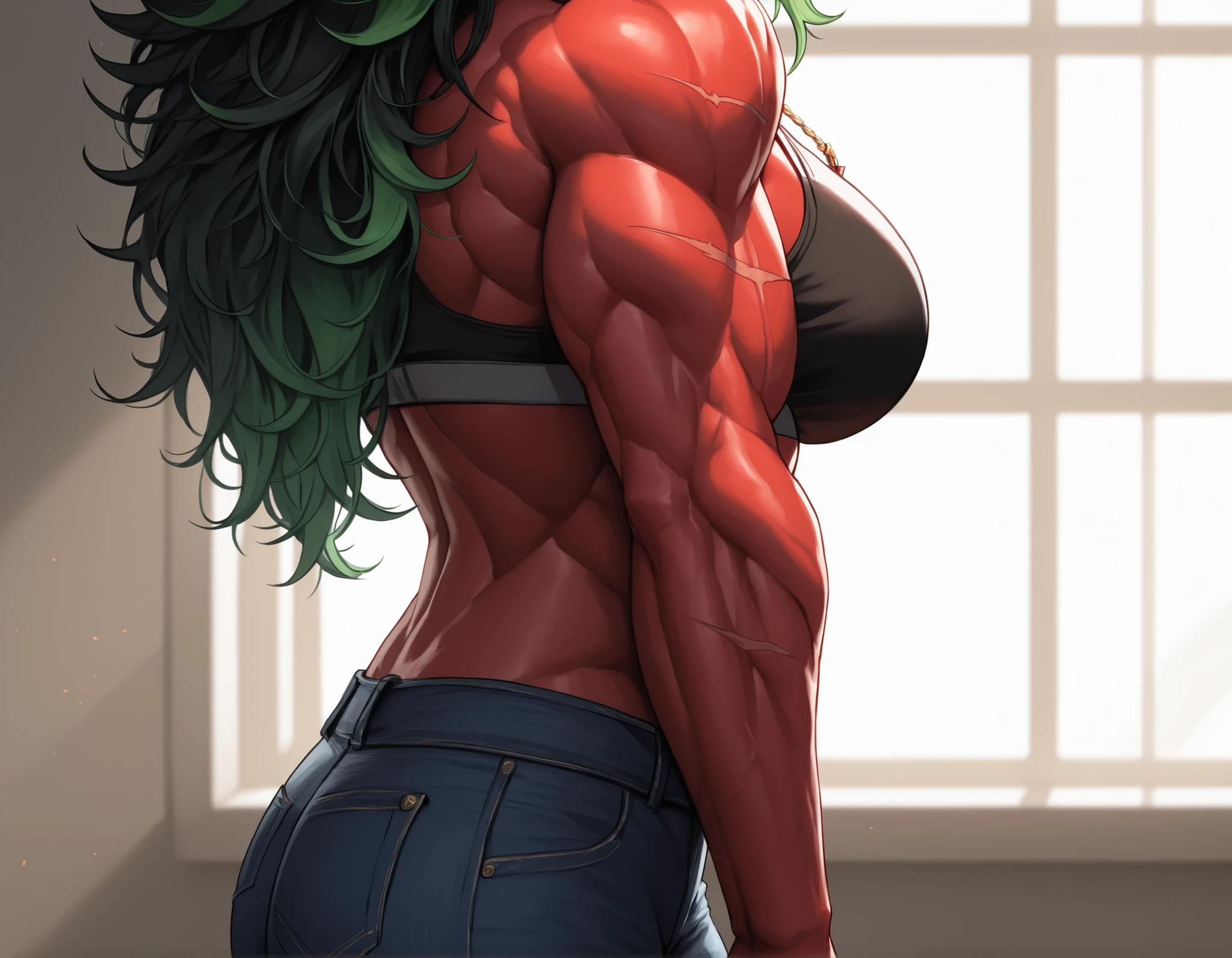 Watercolor, score_9, score_8_up, score_7_up, (Volumetric_lighting: 1.7), (masterpiece), (lora: detailed anime girlsXL), (lora: NoobAI-XL Detailer), (lora: smooth lighting enhancer) (lora: Detailed Background), (lora: NKxXmo's Shaded Face), (lora: SDXL high detailed. LoRA_SDXL_ARW_0010: 0.75), (lora: Waifu Eyes), BREAK inside, lecture hall,
(Demon) 1girl, scars, Oni_horns, Tall, sharp teeth, fangs, red skin, red skinned, (muscular:1.6), muscular_thighs, muscular_arms, long_messy_hair, long hair, Hair_tied_back, black hair (green highlights), black nails, red eyes, angry (narrow eyes, scowl, crazed) standing, arms_crossed, jeans, cropped jacket, necklace, black_sports_bra, earrings, close_up_shot, large breasts, Mature looks, MILF, 8k, (masterpiece), Oni_horns, realistic, high_quality, detail_focused,
Expressiveh