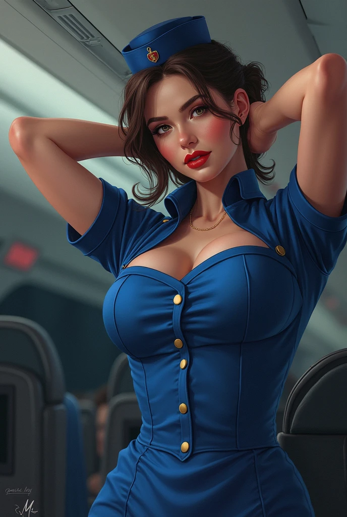 Real Life, Ultra Realistic, Photorealism, Photography, 8K UHD, Photo, HDR, Complex and Elegant, Highly Detailed, Sharp Focus, Stunning, Beautiful, Gorgeous), (Masterpiece: 1.2, Best Quality 1:1, Ultra Detail: 1.2, Best Shadows, 8k: 1.1), (beautiful detailed face), high contrast, (perfect lighting: 1.2, beautiful color, delicate color), (cinematic light)), colorful, hyper-detail, dramatic light, intricate detail, (Isabel Merced, flight_attendant, bob_cut_ hair, blue eyes, dynamic angle, smiling, cleavage), (huge boobs:1.8nsfw)