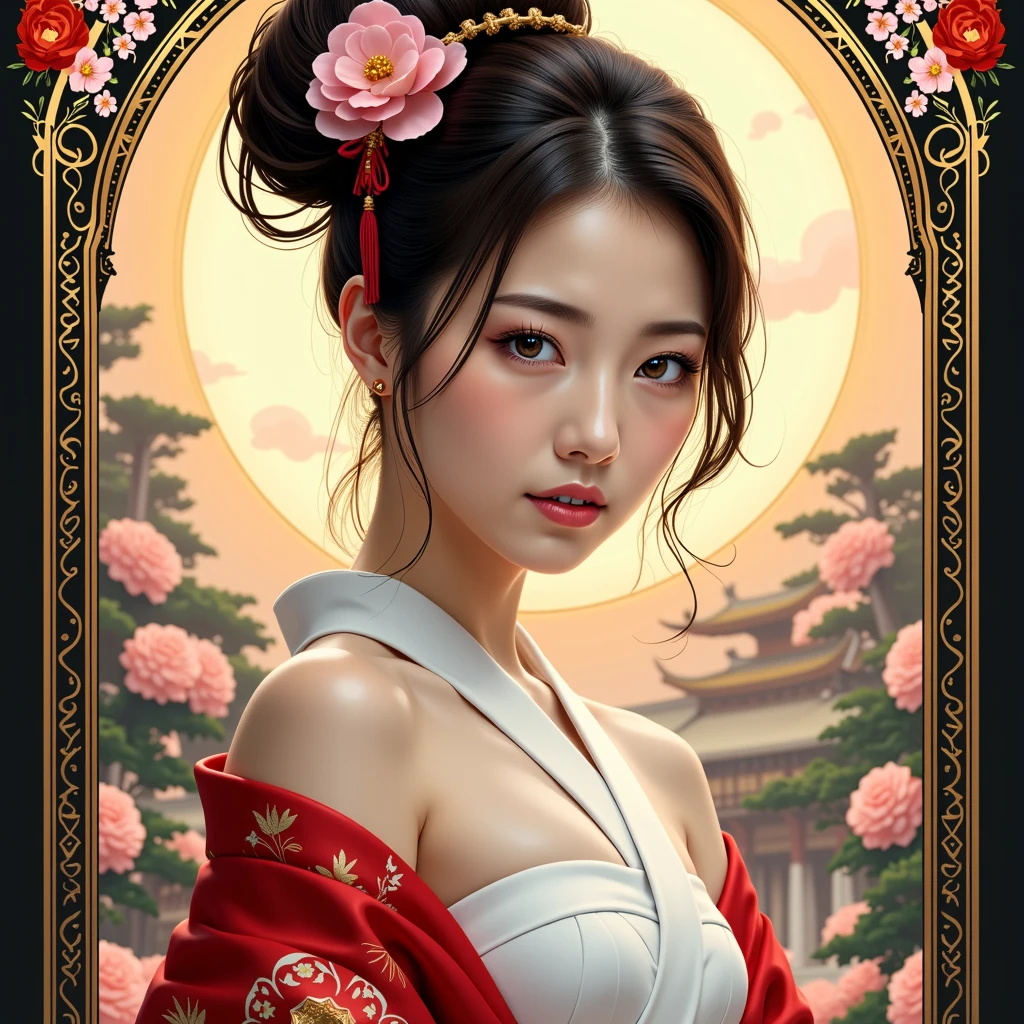 cinematic RPG game poster portrait by [Pino Daeni | Mike Mignola | Andrew Wyeth | Jercka Jacek expressive optical illusion shadow theater neon pen ink drawing watercolor wash, happy Asian girl giving me perfect hand on cracked vintage paper filigree patterns, dragon, abstract, lanterns, mountains, temple, moon, sakura flowers Yokai mask, sharp edges broken perspective, close up hand, intricated pose, dynamic movement , focus on perfect eyes