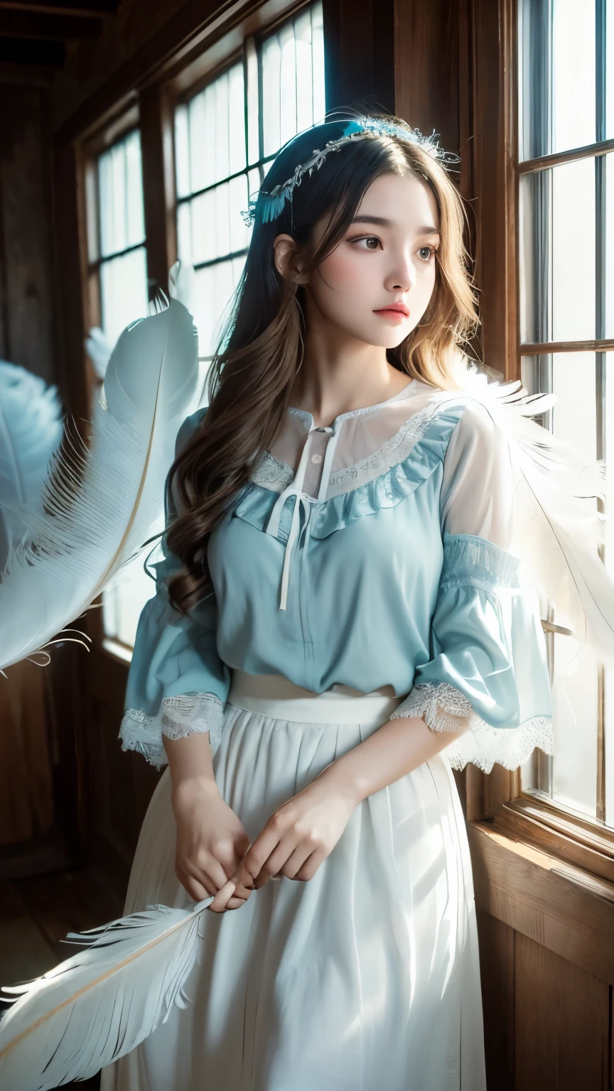 masterpiece, best quality, ultra-detailed, 8k, cinematic lighting, photorealistic anime style,
a beautiful young girl with long wavy hair, soft expression, flawless pale skin, natural makeup, wearing a delicate vintage blouse with frills and a translucent lace long skirt, standing still in a quiet abandoned wooden room,
sunlight softly shining through the old window from behind, dynamic backlighting, floating white feathers in the air, ethereal and surreal atmosphere, subtle dust particles, vintage bookshelf and scattered items in the room,
cool color grading, soft blue and teal tones, gentle light contrast, dreamy and calm mood, shallow depth of field, inspired by KakuDrop style, emotionally touching scene
((fantastic)),((White feathers fluttering))
(((large amount of feathers)))