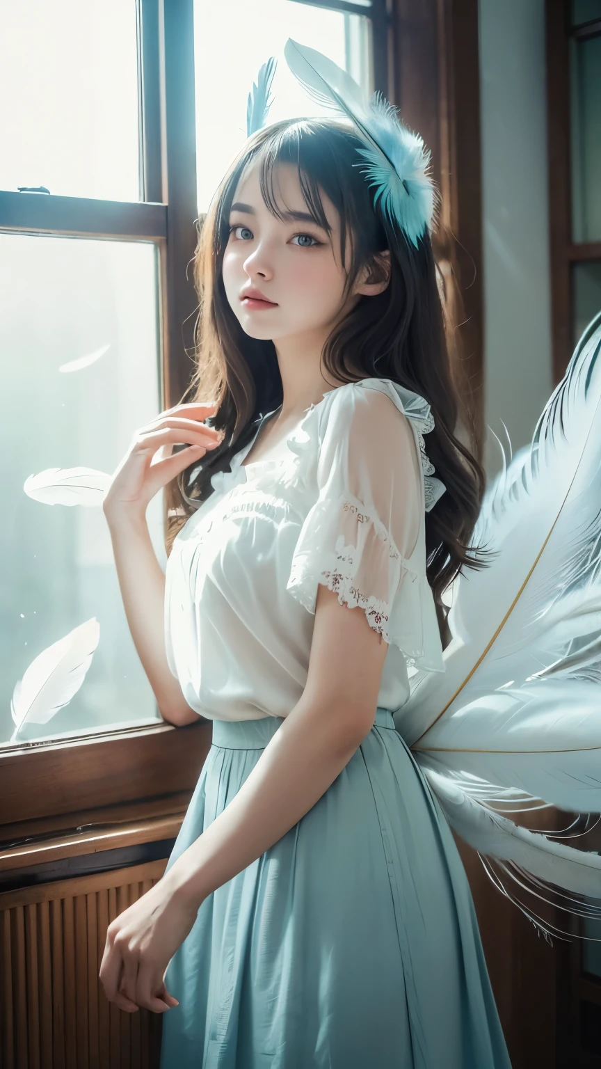 masterpiece, best quality, ultra-detailed, 8k, cinematic lighting, photorealistic anime style,
a beautiful young girl with long wavy hair, soft expression, flawless pale skin, natural makeup, wearing a delicate vintage blouse with frills and a translucent lace long skirt, standing still in a quiet abandoned wooden room,
sunlight softly shining through the old window from behind, dynamic backlighting, floating white feathers in the air, ethereal and surreal atmosphere, subtle dust particles, vintage bookshelf and scattered items in the room,
cool color grading, soft blue and teal tones, gentle light contrast, dreamy and calm mood, shallow depth of field, inspired by KakuDrop style, emotionally touching scene
((fantastic)),((White feathers fluttering))
(((large amount of feathers)))
