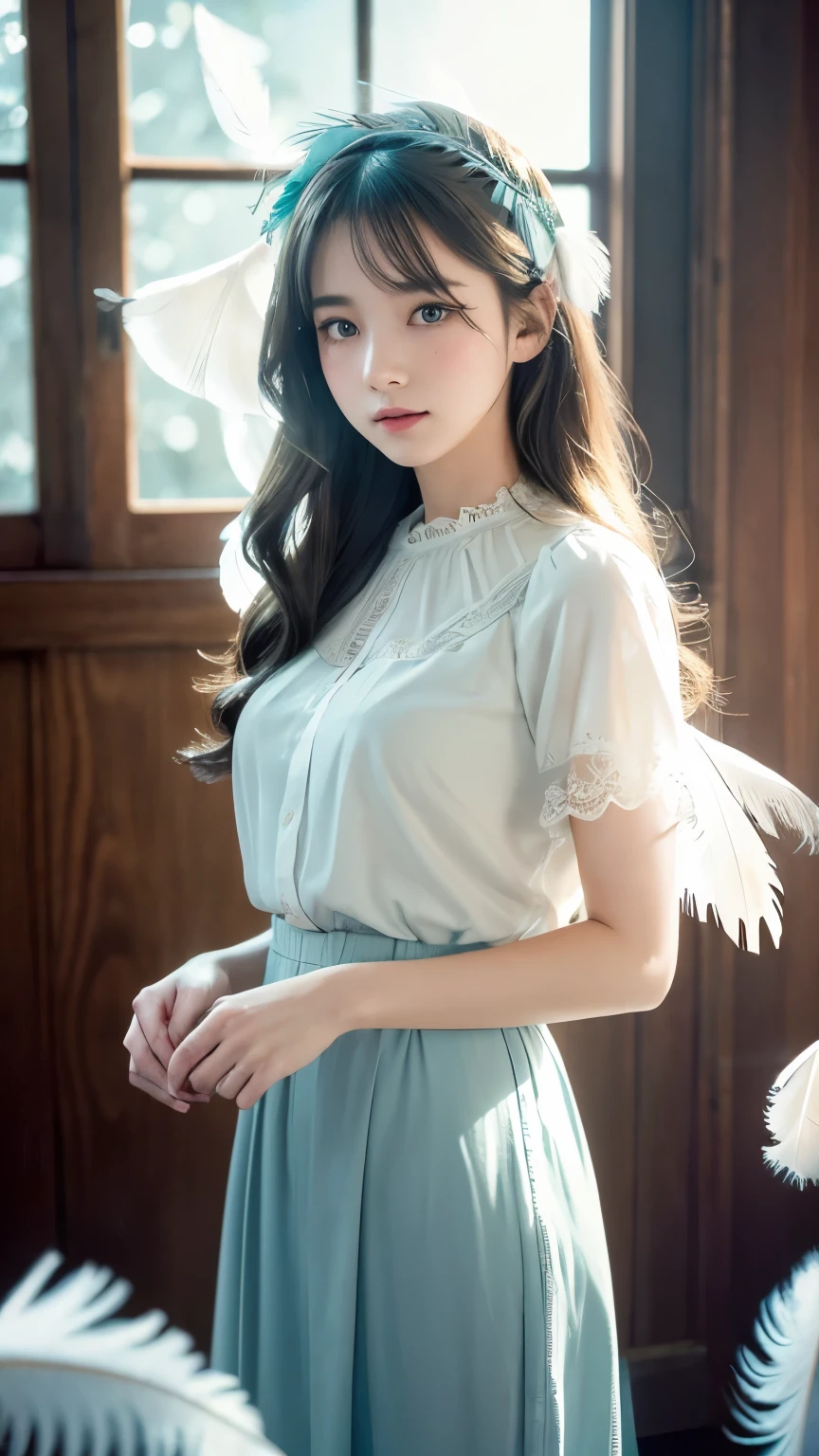 masterpiece, best quality, ultra-detailed, 8k, cinematic lighting, photorealistic anime style,
a beautiful young girl with long wavy hair, soft expression, flawless pale skin, natural makeup, wearing a delicate vintage blouse with frills and a translucent lace long skirt, standing still in a quiet abandoned wooden room,
sunlight softly shining through the old window from behind, dynamic backlighting, floating white feathers in the air, ethereal and surreal atmosphere, subtle dust particles, vintage bookshelf and scattered items in the room,
cool color grading, soft blue and teal tones, gentle light contrast, dreamy and calm mood, shallow depth of field, inspired by KakuDrop style, emotionally touching scene
((fantastic)),((White feathers fluttering))
(((large amount of feathers)))