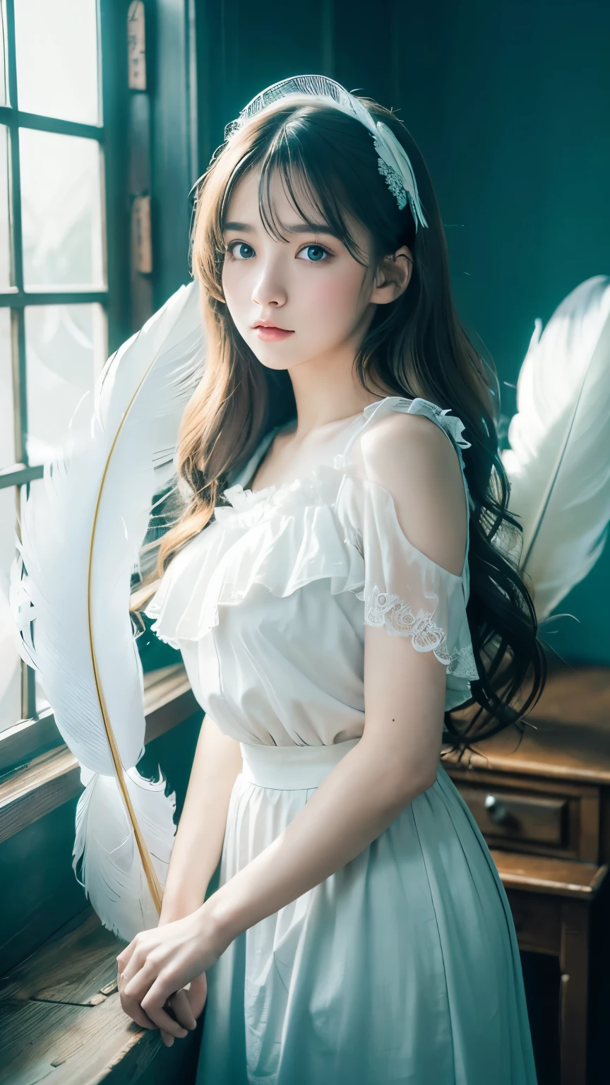 masterpiece, best quality, ultra-detailed, 8k, cinematic lighting, photorealistic anime style,
a beautiful young girl with long wavy hair, soft expression, flawless pale skin, natural makeup, wearing a delicate vintage blouse with frills and a translucent lace long skirt, standing still in a quiet abandoned wooden room,
sunlight softly shining through the old window from behind, dynamic backlighting, floating white feathers in the air, ethereal and surreal atmosphere, subtle dust particles, vintage bookshelf and scattered items in the room,
cool color grading, soft blue and teal tones, gentle light contrast, dreamy and calm mood, shallow depth of field, inspired by KakuDrop style, emotionally touching scene
((fantastic)),((White feathers fluttering))
(((large amount of feathers)))