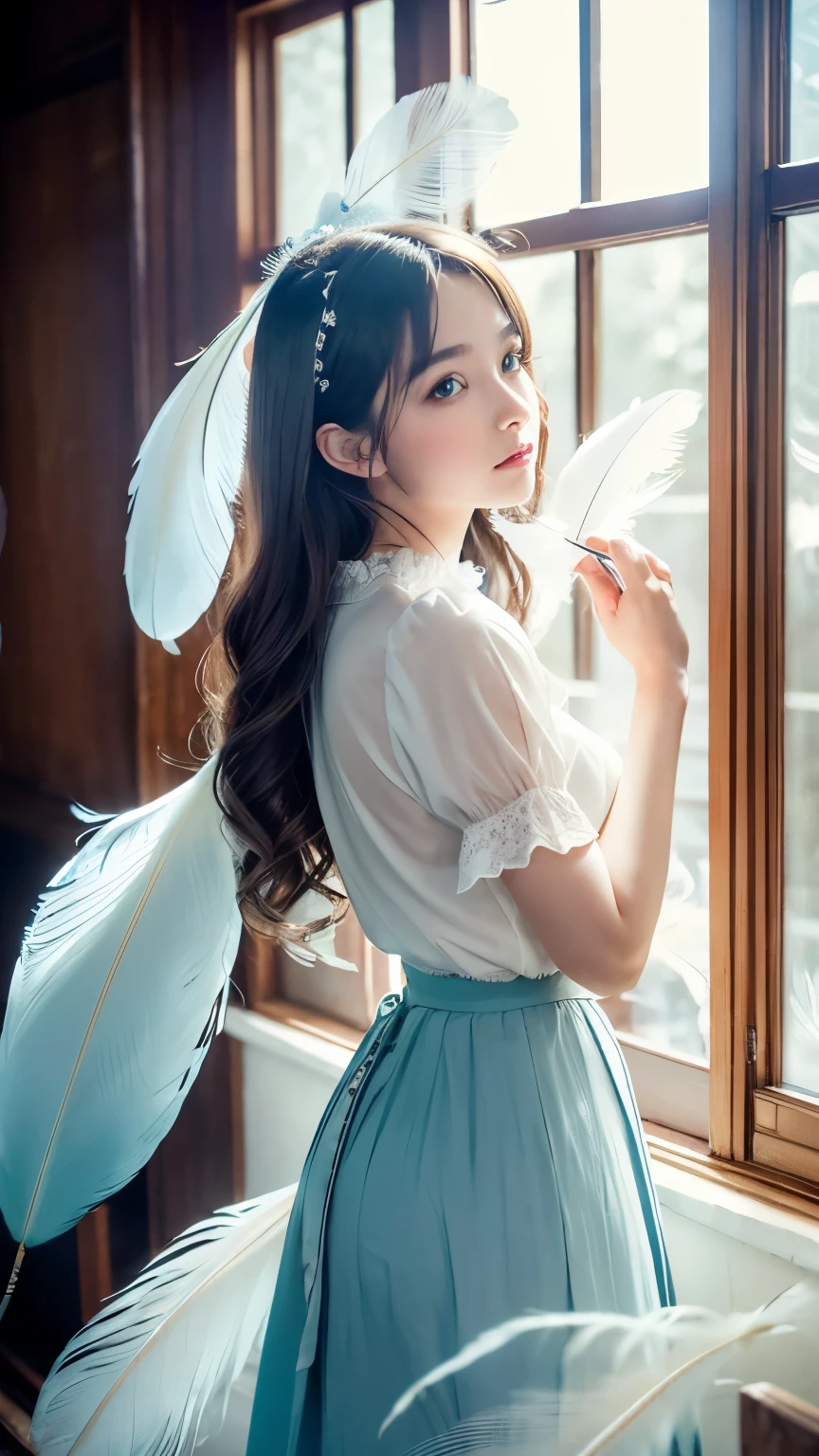 masterpiece, best quality, ultra-detailed, 8k, cinematic lighting, photorealistic anime style,
a beautiful young girl with long wavy hair, soft expression, flawless pale skin, natural makeup, wearing a delicate vintage blouse with frills and a translucent lace long skirt, standing still in a quiet abandoned wooden room,
sunlight softly shining through the old window from behind, dynamic backlighting, floating white feathers in the air, ethereal and surreal atmosphere, subtle dust particles, vintage bookshelf and scattered items in the room,
cool color grading, soft blue and teal tones, gentle light contrast, dreamy and calm mood, shallow depth of field, inspired by KakuDrop style, emotionally touching scene
((fantastic)),((White feathers fluttering))
(((large amount of feathers)))