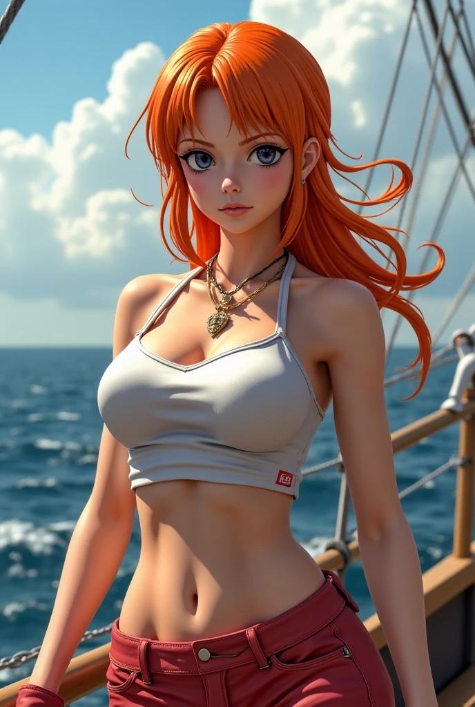 (masterpiece, best quality), best resolution, (2heads:1.5), realisticlying、女の子 1 人、Red-haired、verd s eyes, radiant eyes, croptop, skinny pants, Parted lips, red blush, natta, florals, suns, sunlights、