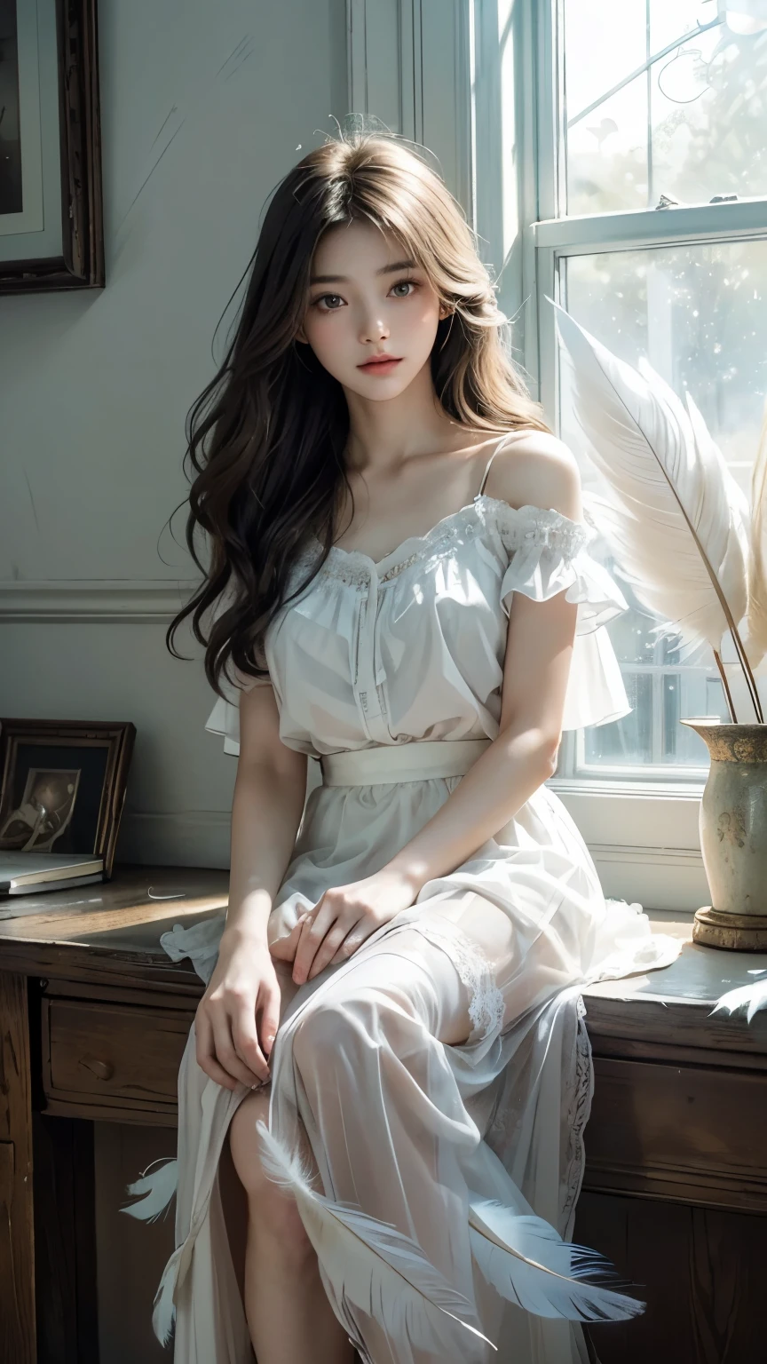 masterpiece, best quality, ultra-detailed, 8k, cinematic lighting, photorealistic anime style,
a beautiful young girl with long wavy hair, soft expression, flawless pale skin, natural makeup, wearing a delicate vintage blouse with frills and a translucent lace long skirt, standing still in a quiet abandoned wooden room,
sunlight softly shining through the old window from behind, dynamic backlighting, floating white feathers in the air, ethereal and surreal atmosphere, subtle dust particles, vintage bookshelf and scattered items in the room,
cool color grading, soft blue and teal tones, gentle light contrast, dreamy and calm mood, shallow depth of field, inspired by KakuDrop style, emotionally touching scene
((fantastic)),((White feathers fluttering))