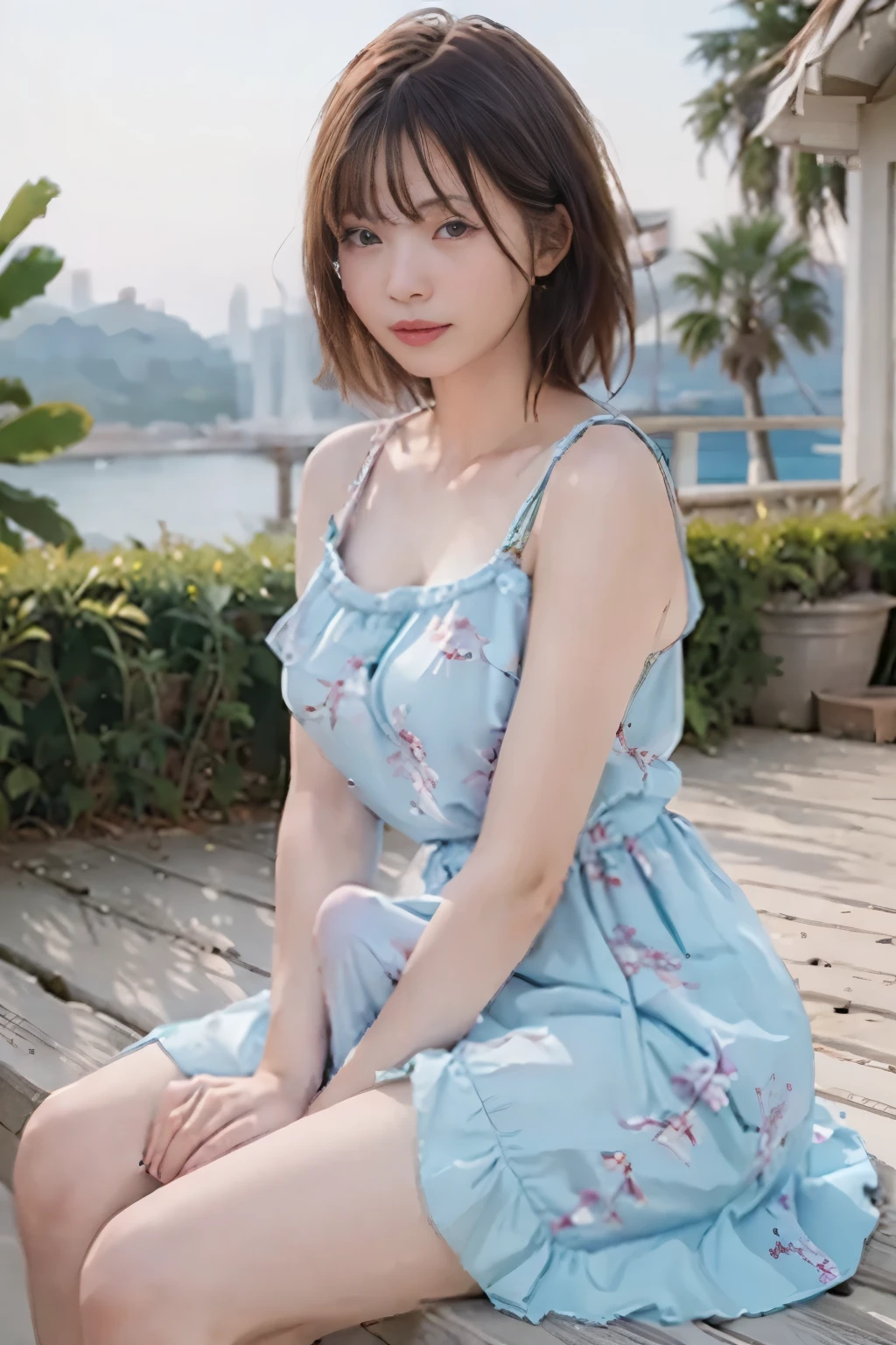A woman sitting on a bench in a blue dress - SeaArt AI