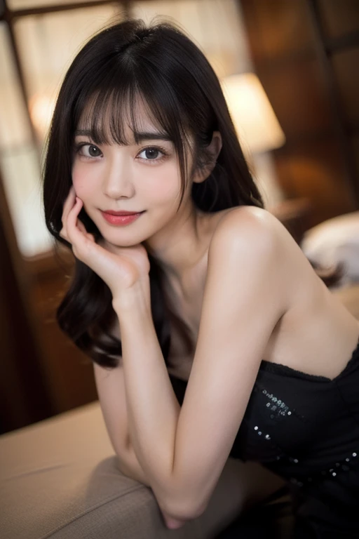 (8K, RAW Photos:1.2), Detailed face and eyes, Highest quality, Ultra-high resolution, Very detailed, Ultra-intricate details, Tabletop, Very cute girl, Soft cinematic light, Hyper Detail, Sharp focus, super high quality, Long wavy hair with black hair, A cute 16 year old girl, Very beautiful plump F cup, The whole body is shown, Quite embarrassed,Really kissing face, Plump whole body, In a stylish living room, topless, Slightly dark nipples, Full body nude, Extremely realistic skin texture, Smiling and looking at me, There is a little hair under