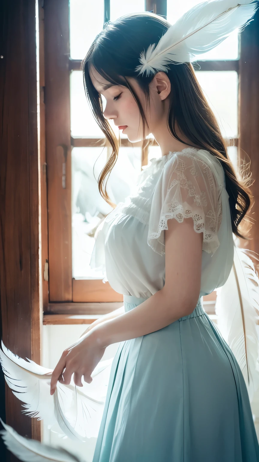 masterpiece, best quality, ultra-detailed, 8k, cinematic lighting, photorealistic anime style,

a beautiful young girl with long wavy hair, soft expression, flawless pale skin, natural makeup, wearing a delicate vintage blouse with frills and a translucent lace long skirt, standing still in a quiet abandoned wooden room,

sunlight softly shining through the old window from behind, dynamic backlighting, floating white feathers in the air, ethereal and surreal atmosphere, subtle dust particles, vintage bookshelf and scattered items in the room,

cool color grading, soft blue and teal tones, gentle light contrast, dreamy and calm mood, shallow depth of field, inspired by KakuDrop style, emotionally touching scene

((fantastic)),((White feathers fluttering))