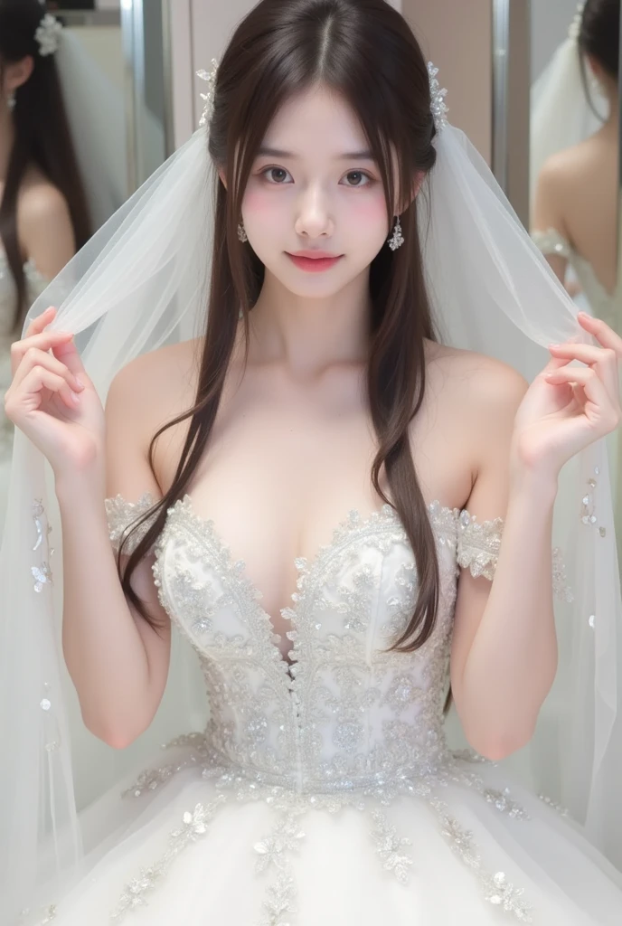 ((Best Quality, 8K, Masterpiece: 1.3)), Sharp Focus: 1.2, A Beautiful Woman with Perfect Figure: 1.4, Slim Abs: 1.2, (Layered Hairstyle,: 1.2)), (Bandeau Wedding Dress: 1.3), Rain: 1.3, Street: 1.2, Wet Body: 1.1, Highly Detailed Facial and Skin Texture, Detailed Eyes, Double Eyelids, Big Breasts, Smile,