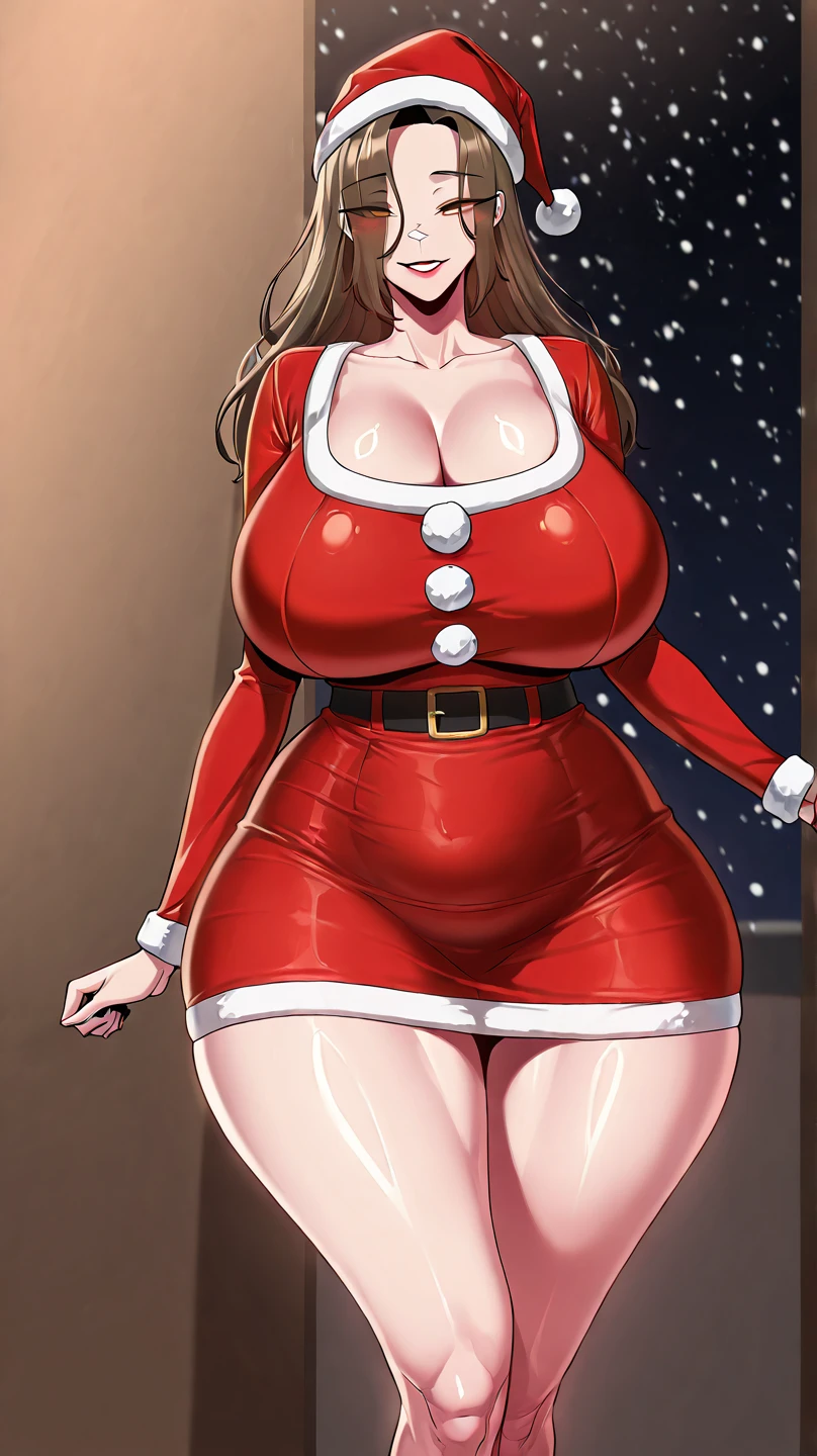 ,[ 4 k digital art ]!!,seductive anime woman,(long eyelash,eyeliner,red lips),(tareme),(from behind,back shot:1.1),(buttocks focus),(short curly hair),(plump body:1.3),huge buttocks,,clothed mature woman posing in crowded street,outdoor,crowds looking at woman,(clothed woman),(santa costume and mini skirt:1.3),(thick pubic hair:1.3),wet pussy,(aroused and happy:1.5),(wet brown pupils),crying,orgasm,(sweaty),look at viewer,(creampie:1.3),(curvy body:1.2),(trembling:1.3),excessive cum in pussy,(cum in pussy:1.3),heart-shaped,orgasm,from below,smile,