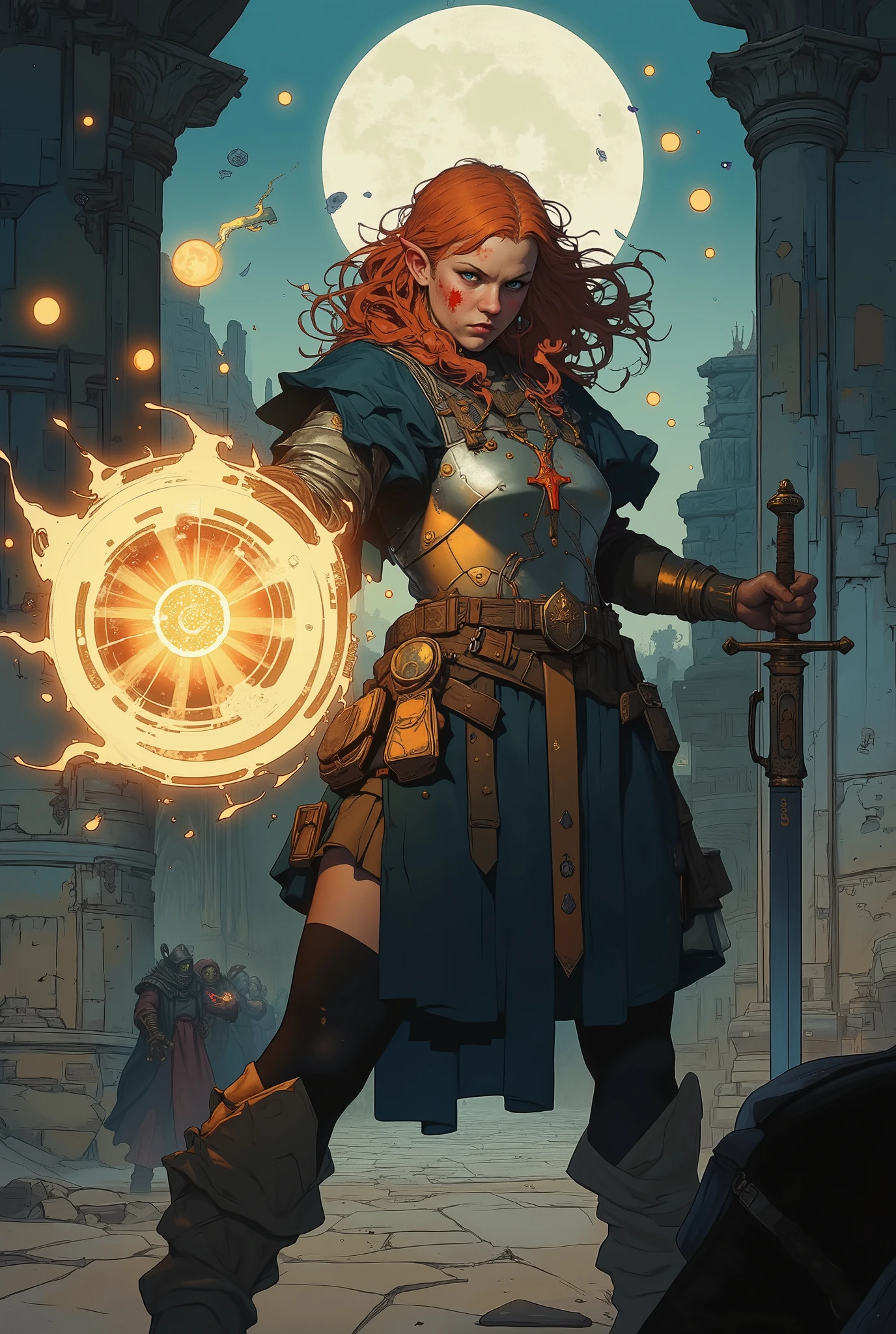 Laissalia, a fierce chubby half-elf battle cleric, stands ready for combat in a moonlit ruined temple. Her long wavy red hair whips in the wind, her freckled face marked with determination and a smudge of blood. Deep emerald green eyes glow with divine energy as she channels a radiant holy spell in her left hand—a swirling golden light that illuminates the cracked stone floor. In her right hand, she grips a slender, sharp rapier poised to strike. She wears a polished steel breastplate over a dark blue tunic with leather bracers and sturdy boots, her cleric's symbol (a sunburst pendant) gleaming at her neck. Behind her, shadows of lurking enemies loom, their eyes reflecting malice. The air crackles with magic, and debris floats mid-air from the force of her spell. Dynamic angle, dramatic lighting, high-detail fantasy art style, blending realism with 'Dungeons & Dragons' cinematic intensity.