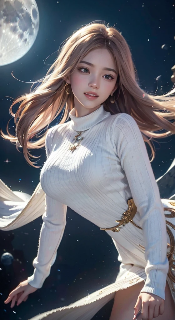 Creating a man with unique characteristics, Inspired by the constellation Leo and the stars in the universe, this piece is an artistic expression of the essence of this constellation., With impressive features and a mysterious atmosphere, Leaves golden traces and golden light as evidence, Golden-yellow hair and a confident smile。With long, curly, voluminous hair, which is the symbol of the mane、It essentially expresses the pride of Leo.。