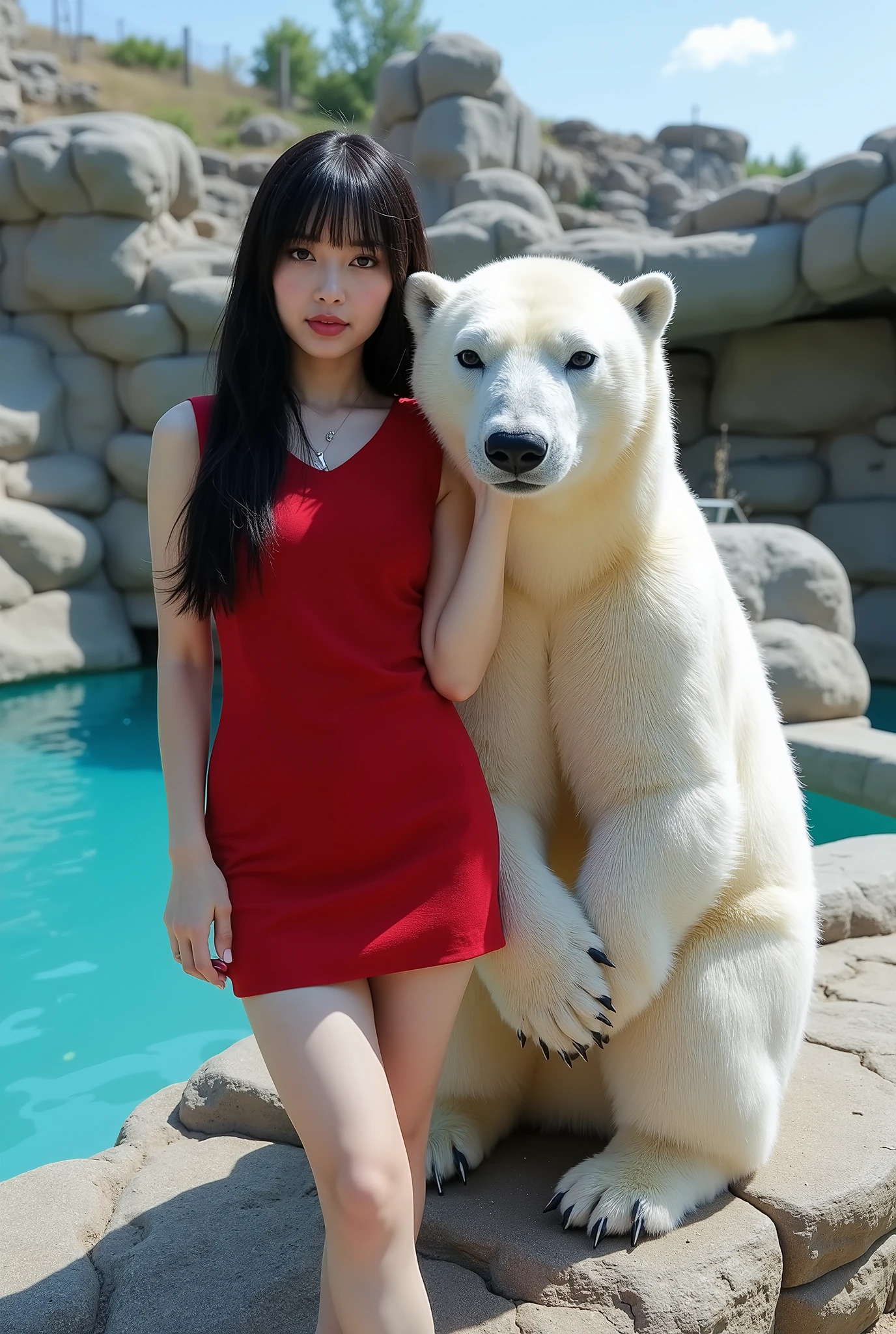 Create a realistic photograph of a beautiful Japanese female singer in a portrait style. She has a slim body, small bust, and slender legs, with long hair and bangs. She is wearing a red gothic mini dress and gothic makeup. The scene captures her standing beside a polar bear for a commemorative shot. The background features a zoo, showcasing the polar bear's pool during the daytime. The angle should be dynamic to enhance the visual impact.