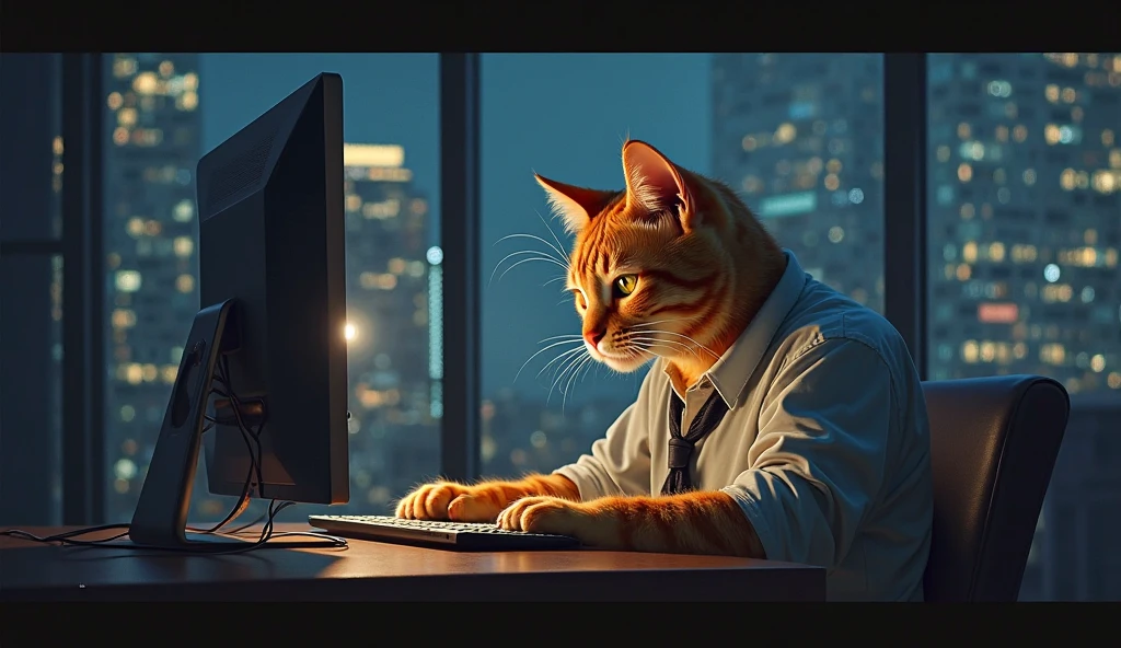 Homme de 50 ans yeux bleux, cheveux court noiraux, il est assis derriere un bureau avec un ordinateur, le bureau est rectangle avec des fenetres blanche, l’homme est déguisé en chat, quatre autres bureau avec des chaises mais sans personne, il y’a de la litière pour chat au sol et des gamelles a coté de l’homme, au fond on peut voir un panneau avec écris « caisse a Christophe », l’homme est attaché avec une chaine et semble triste
On discerne un texte JNJ violet derriere l’écran