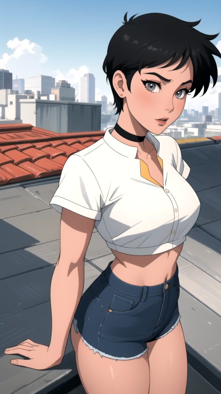 (masterpiece, best quality: 1.2), cowboy shot, solo, 1girl, yaoyorozu momo, anime screencap, city, long hair, black hair, gray eyes, looking at the viewer, lustful, closed mouth, ass, wide hips, short shirt, short shorts, unbuttoned shorts, erotica, back
