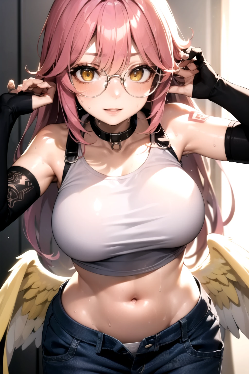 jibril, BREAK jibril, angel, angel wings, collar, animal ears, bird ears, compass rose halo, feathered wings, feathers, gradient hair, halo, long hair, low wings, multicolored hair, pink hair, symbol-shaped pupils, big breast, white wings, wing ears, wings, (yellow eyes:1.5), seductive look, seductive smile, Shiny skin, clothing. Big breast. Sexy, hot, attractive, alluring, narrow eyes.
BREAK zoomed in, cropped face, (elbow gloves, black crop top, midriff, tank top, round glasses:1.3), (jeans, denim pants:1.1), (open pants:1.4), (her pants are slightly down:1.3). long sleeves, hot, breast tattoos, (sweat:1.7), (wet:1.2). (tattoos:1.1), voluptuous, curvy. armpits. Early pregnancy.
BREAK (masterpiece:1.2), best quality, high resolution, unity 8k wallpaper, (illustration:0.8), (beautiful detailed eyes:1.6), extremely detailed face, perfect lighting, extremely detailed CG, (perfect hands, perfect anatomy), narrow eyes.