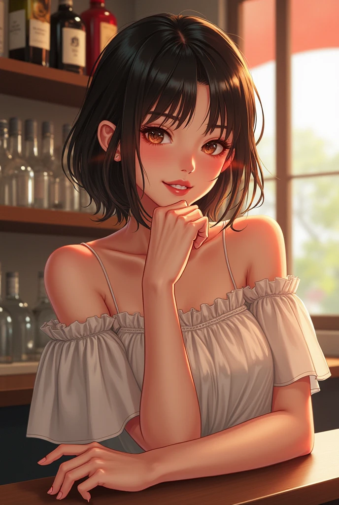(masterpiece:1.3, Highest quality, Ultra-high resolution, Super detailed), (Realistic, photoRealistic:1.2), Beautiful illustrations, Perfect lighting, Natural light, colorful, Depth of written boundary, ((Face Focus:1.2), Cowboy Shot:1.2), 
Beautiful detailed hair, Beautifully detailed face, Beautiful attention to detail, Beautiful clavicle, Beautiful body, Beautiful breasts, Beautiful thighs, Beautiful feet, Beautiful Hands, Pale skin,
View your viewers, 1 Girl, (Classy and cute girl:1.3), (Perfect Anatomy, Anatomically correct, Highly detailed skin), Cute and symmetrical face, Baby Face, Perfect Face, Perfect Eyes, Perfect Fingers,
(Long Hair, ponytail, Black Hair), ((Asymmetrical bangs:1.2)), Light brown eyes, Long eyelashes, (Glossy Lips:1.4), (Large Breasts, Thin legs, ), (Slim figure, Firm breasts:1.2), Thin eyebrows, 
(Detailed cloth texture, Elegant knitted dresses:1.3),
(Beautiful views), morning, Cafe, Mug、(Sit on a chair:1.2), (Smiling Kindly:1.2), 
