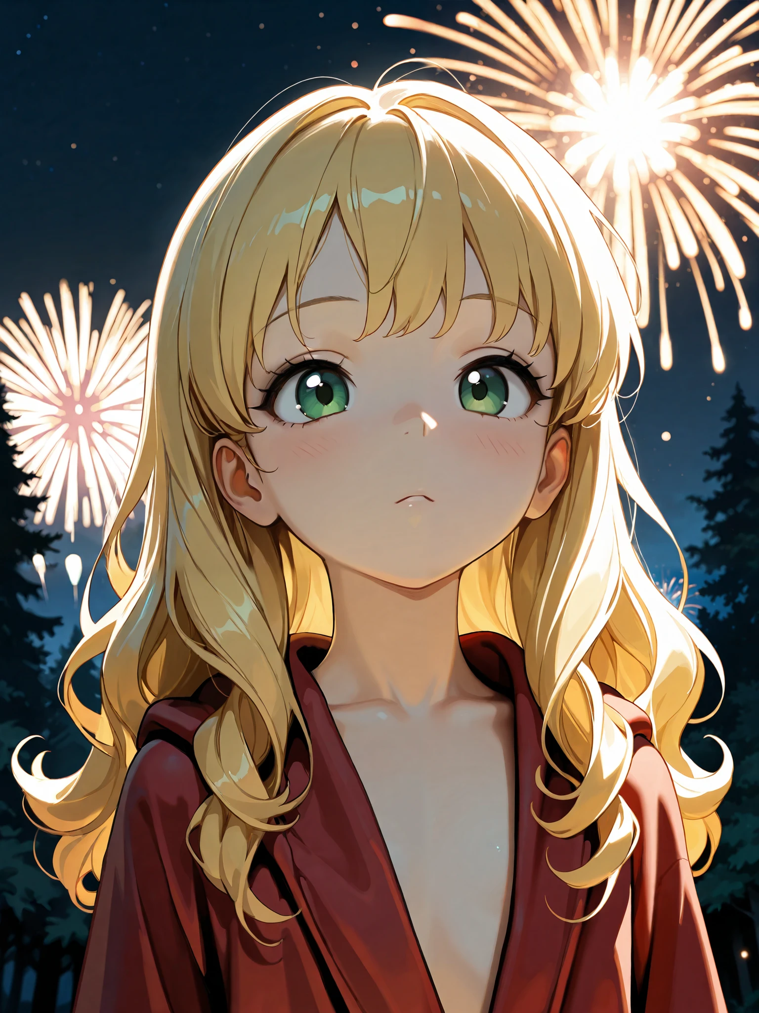 (masterpiece), top quality, completely complete, solo, small,
long hair, wave hair, short bang, Blonde Hair, green eyes, Flat chest, ( Witch:1.2), red bean robe,
forest, Night , Fireworks , , close-up,