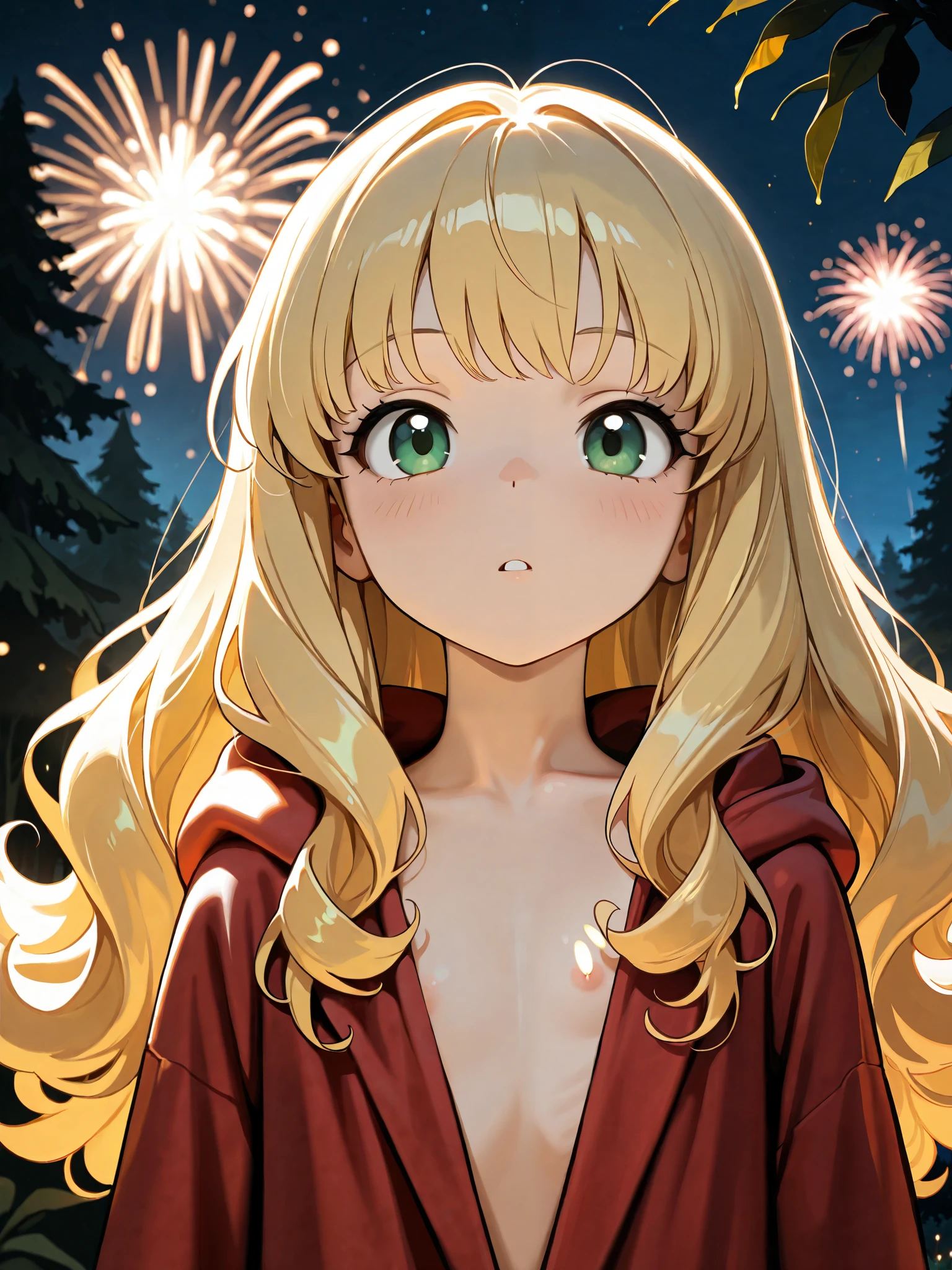 (masterpiece), top quality, completely complete, solo, small, 
long hair, wave hair, short bang, Blonde Hair, green eyes, Flat chest, （ Witch:1.2), red bean robe,
forest,  Night ,   Fireworks , , close-up,