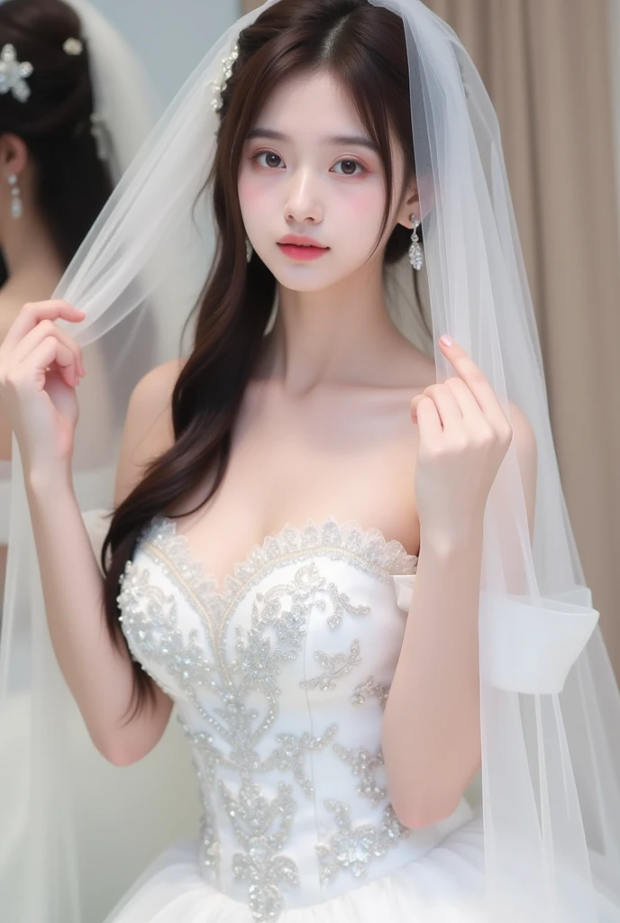 最high quality, masterpiece, High resolution, One girl,chinese wedding dress,hair ornaments,necklace, jewelry,Beautiful Face, Tyndall effect,Realistic, Dark studio, Rim Light, Two-tone lighting,(Skin with attention to detail:1.2), 8k uhd, Digital SLR, Soft lighting, high quality, Volumetric lighting, Frank, photograph, High resolution, 4K, 8k, Bokeh
