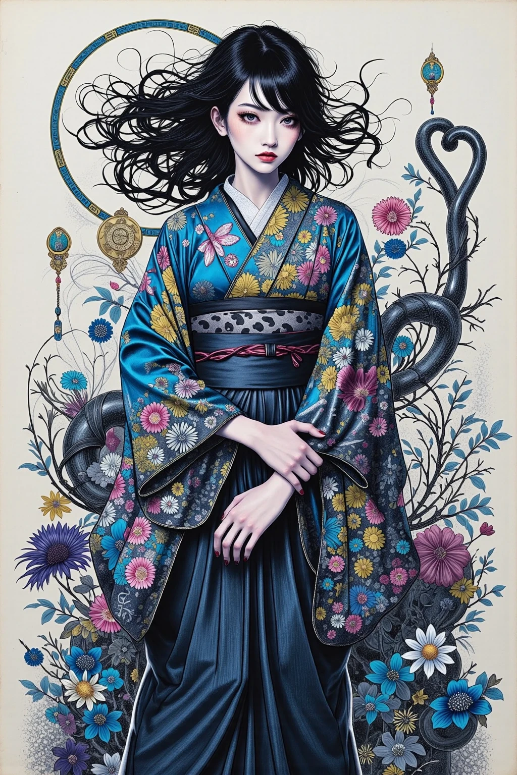Woman in a Hakama 、Glowing black eyes、Black hair gathered together、Long Wavy Hair、full body。blue grey inkで描かれたリアルなポップアート、blue grey ink、 Line Art、Extremely detailed illustrations 、Painting or Digital Art。projected colorful shadows、correct projection of colorful shadows、 minimalism、 oriental、top quality、high definition、masterpiece:1.4、16k