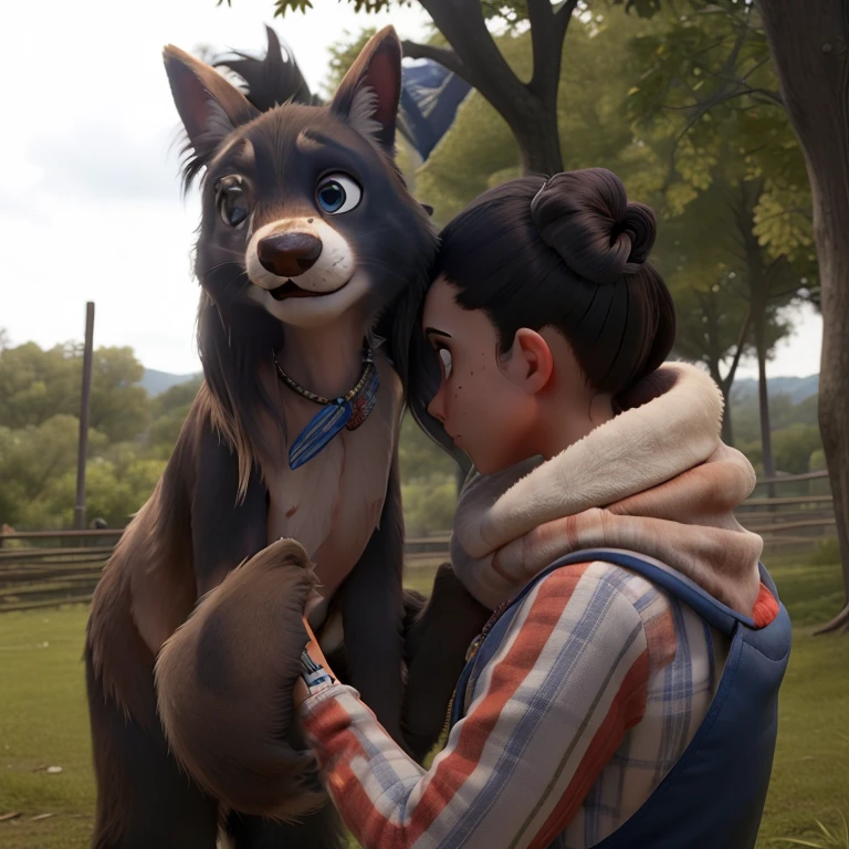Sexy female anthro dog, (fellatio on viewer, viewer's pov), black hair in bun, blue eyes, 8k, film, masterpiece quality, semi realistic, high detail, short skinny jeans, cropped plaid shirt, (on knees), seductive look, drool, close up, looking up at viewer, cum on face