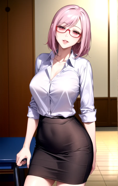 masterpiece, best quality, elise, huge breasts, teacher, black thighhighs, classroom, see-through, looking at viewer, white shirt, open clothes, miniskirt, short hair, <lora:elise-000018:0.7>