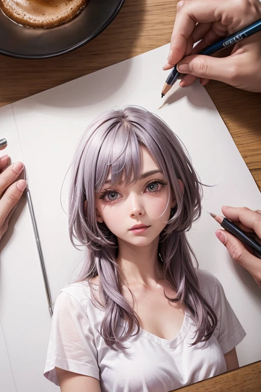 masterpiece,high quality,beautiful wallpaper,16k,photo shoot,1 girl,alone,ink stains,ink painting,((paper)),holding paper,((drawing girls on paper)),pencil,