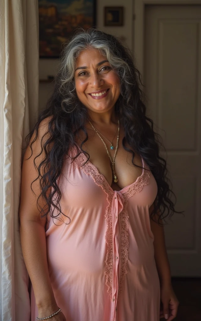 Mature old woman 80 years with brown long curly hair, plus size, old face and body with many wrinkles, loose skin, standing at bedroom posing for photo, She wearing pink nightgown with large neckline and lace stockings, front view. jaw dropping mature older beauty, old face and body with wrinkles, old face, smiling, attractive grandma, a gorgeous old hair, beautiful old grandma, lovely older mature grandma, gorgeous beautiful grandma over 80 years old, beautiful brown long curly hair grandma, beautiful detailed body and face, a beautiful old granny
