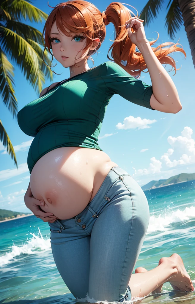 Kim Possible, orange hair, is wearing black bikini, prominent belly, pregnant, fat belly, very big belly and has a large bust, and wide hips, is on the beach.