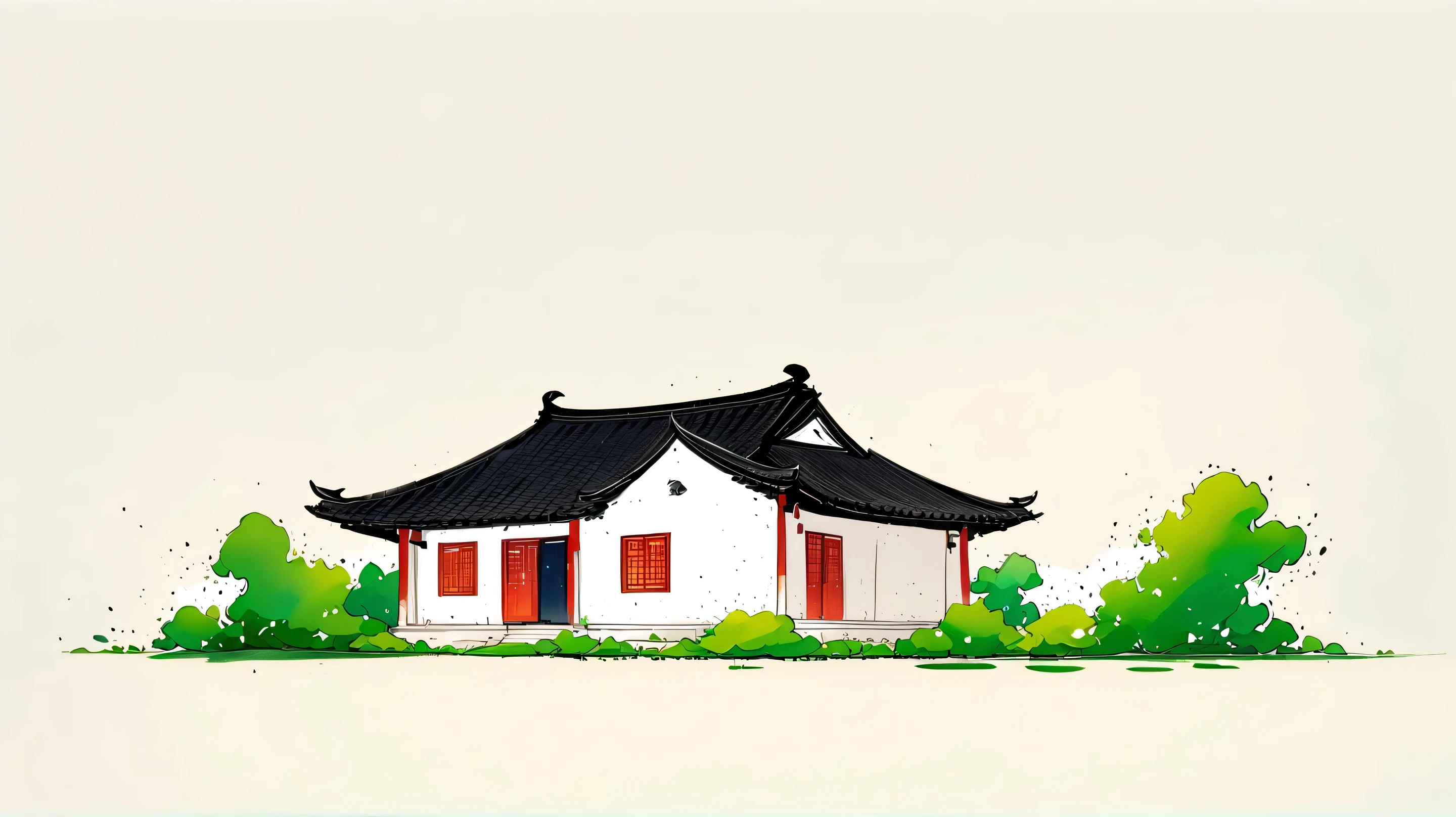 中国水墨画sketch:Light Ink,Lowercase,sketch,artistic conception,A small Anhui-style house in a field,Minimalism,White background。(((Negative Space,Bottom left composition)))