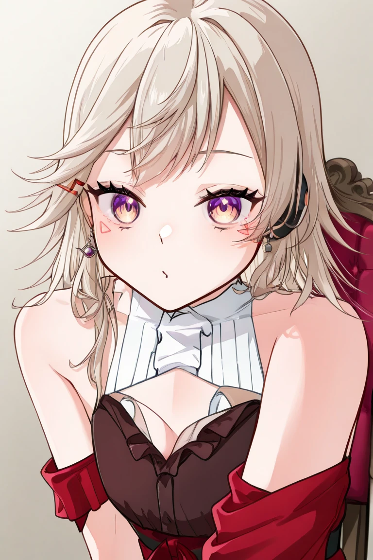 solo, light almond hair, long hair, dark pink eyes, sweet smile, subtle blush, large chest