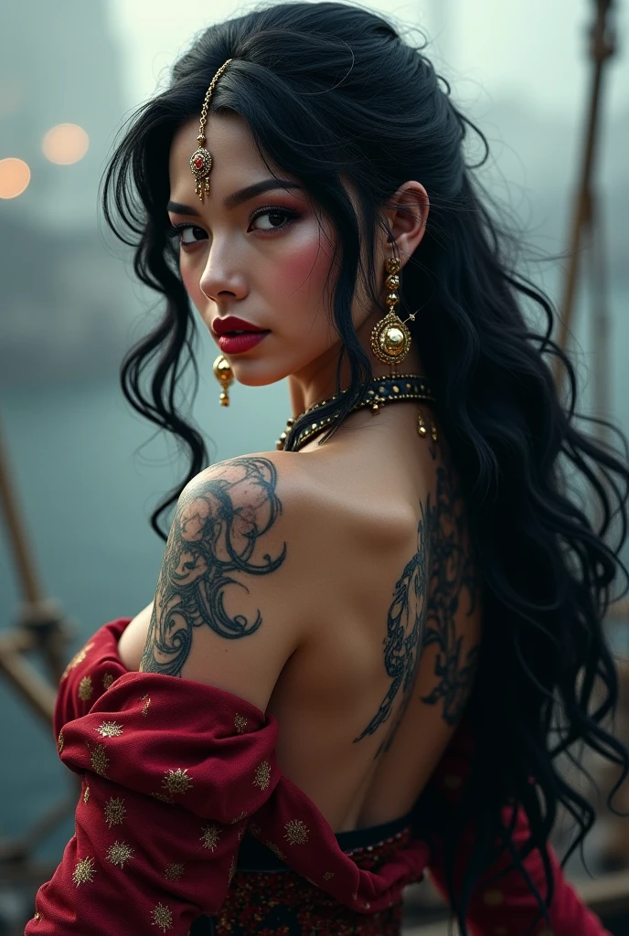 Beautiful 25 year old Indian female vampire mercenary with long black hair, Pale skin, (Wearing a street wear , pants;1.3), View from the front, Waist up shot, Dynamic pose, Ambient Lighting, Photographic realism, Intricate facial details, Exquisite handcrafted details, Very detailed, Vibrant colors, Cinematic, High resolution, Trending Style Raw on Artstation, photorealistic, high resolution, soft lights, hips up, look at viewer, (detailed face), blue eyes, white hair, long hair, small breasts, tattoo, jewelry