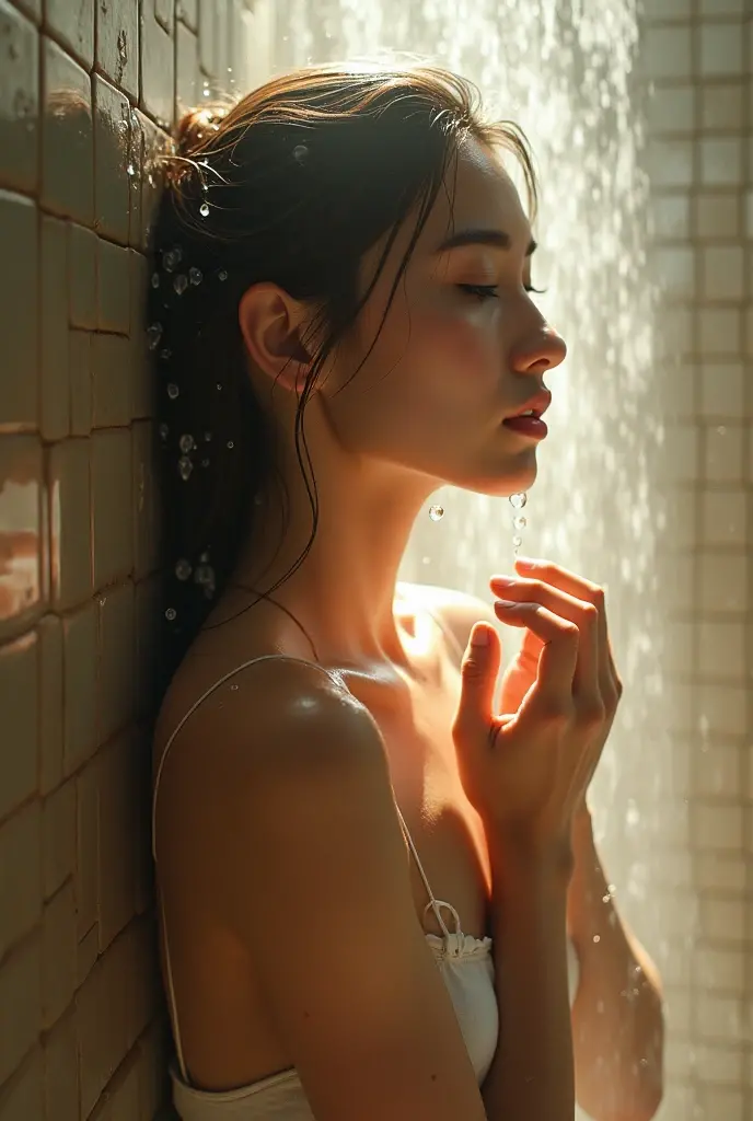 girl shower,horny,wet,side profile, masturbaiting,full body,holdy dick